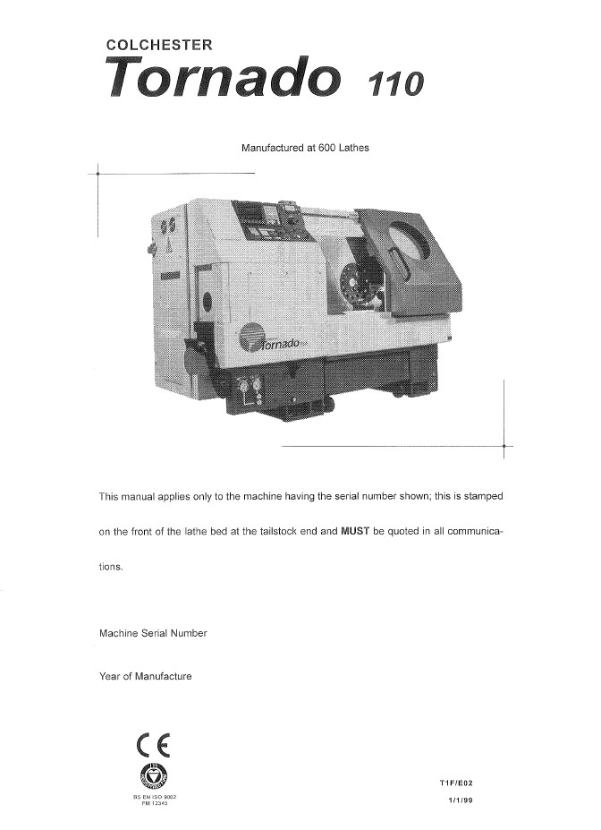 Colchester Tornado 110 CNC Lathe Operation, Programming & Electrical Manual