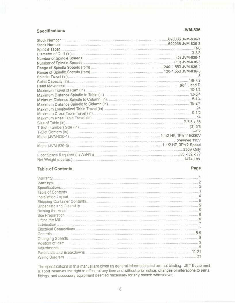 Jet JVM-836 Milling Machine Operator & Parts List Manual *208