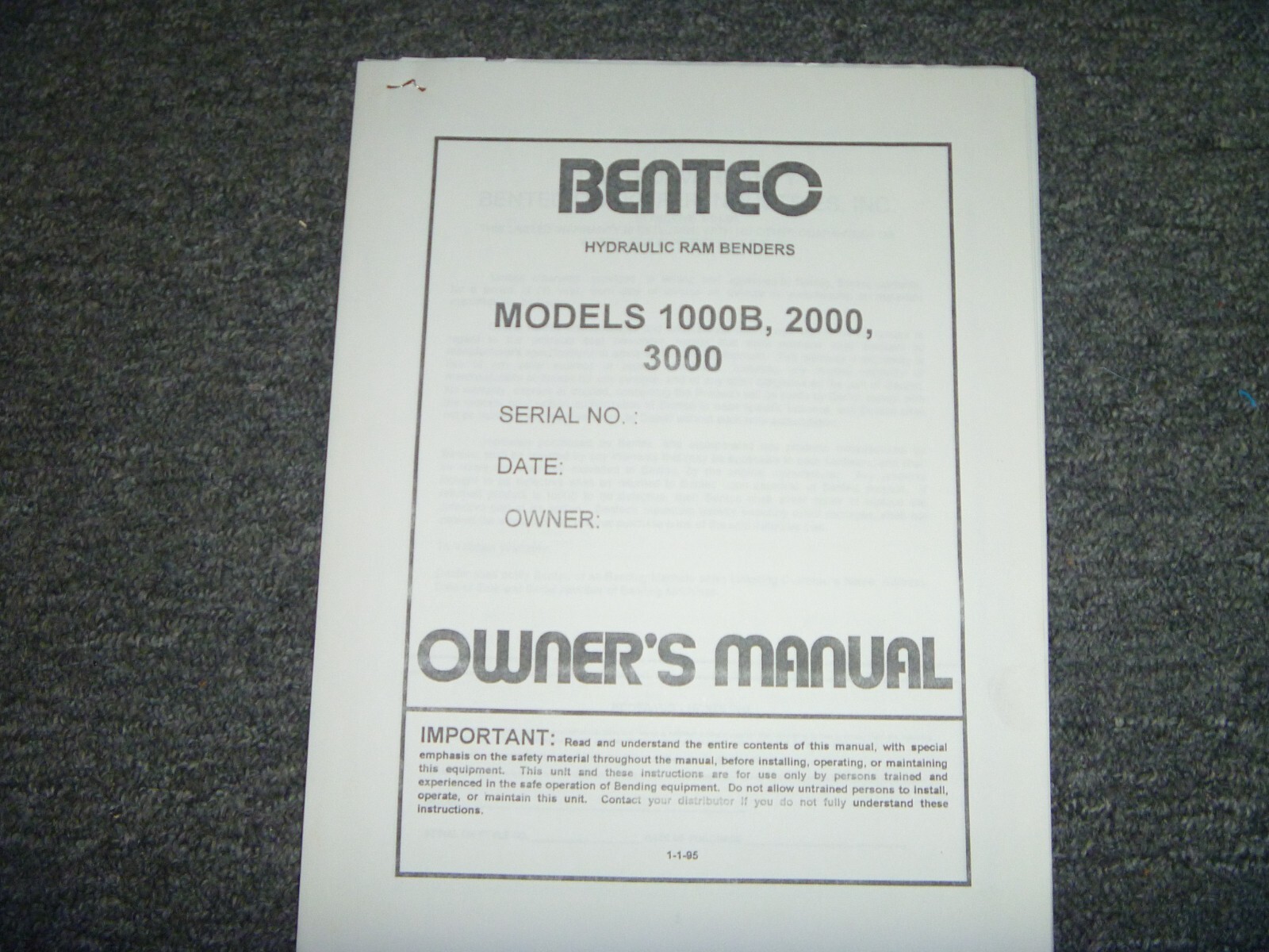 Bentec 1000B 2000 3000 Hydraulic Ram Bender Owner Operator Manual User Guide