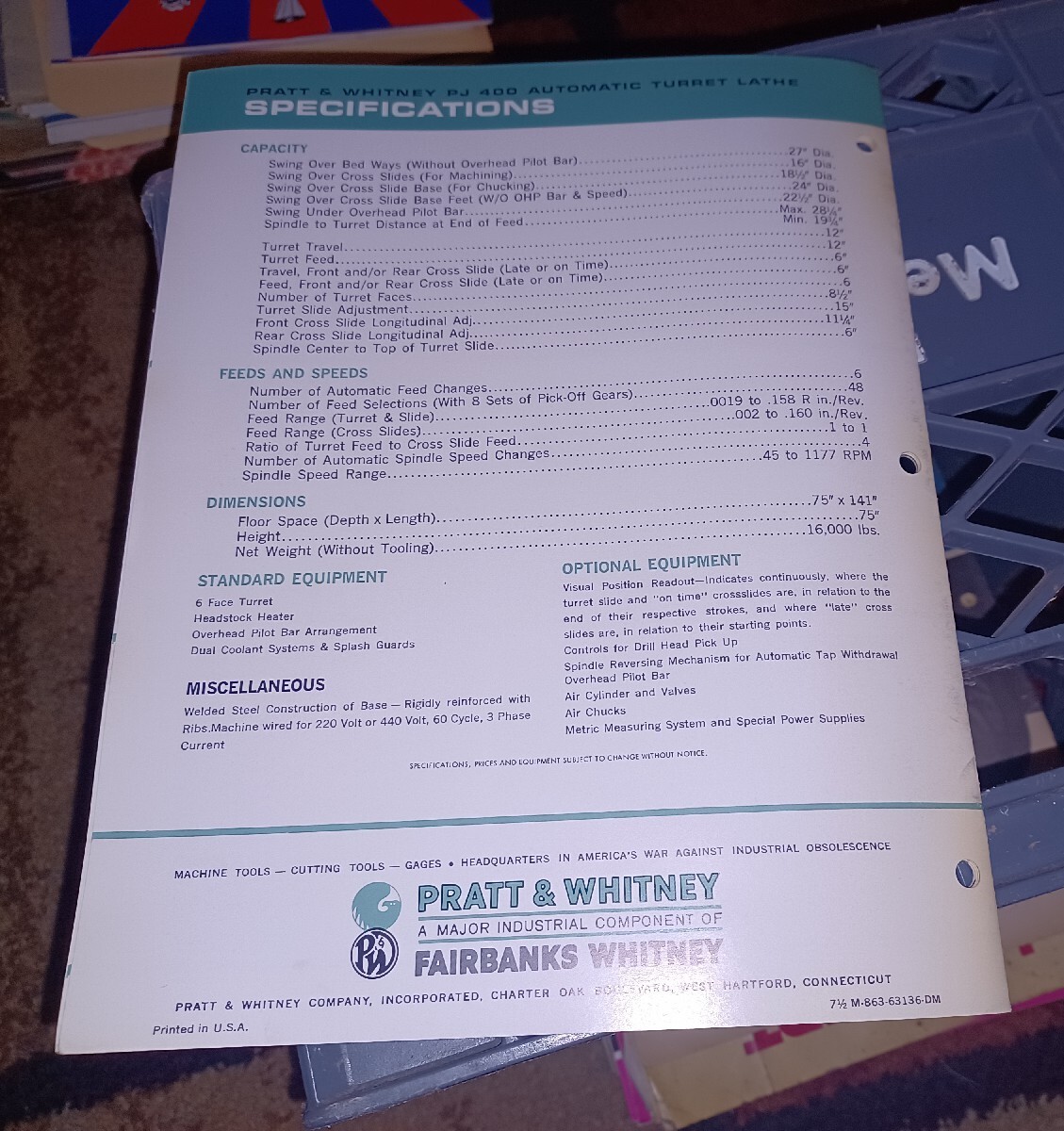 PRATT & WHITNEY PJ 400 AUTOMATIC TURRET LATHE Sales Catalog Book Booklet A11-1