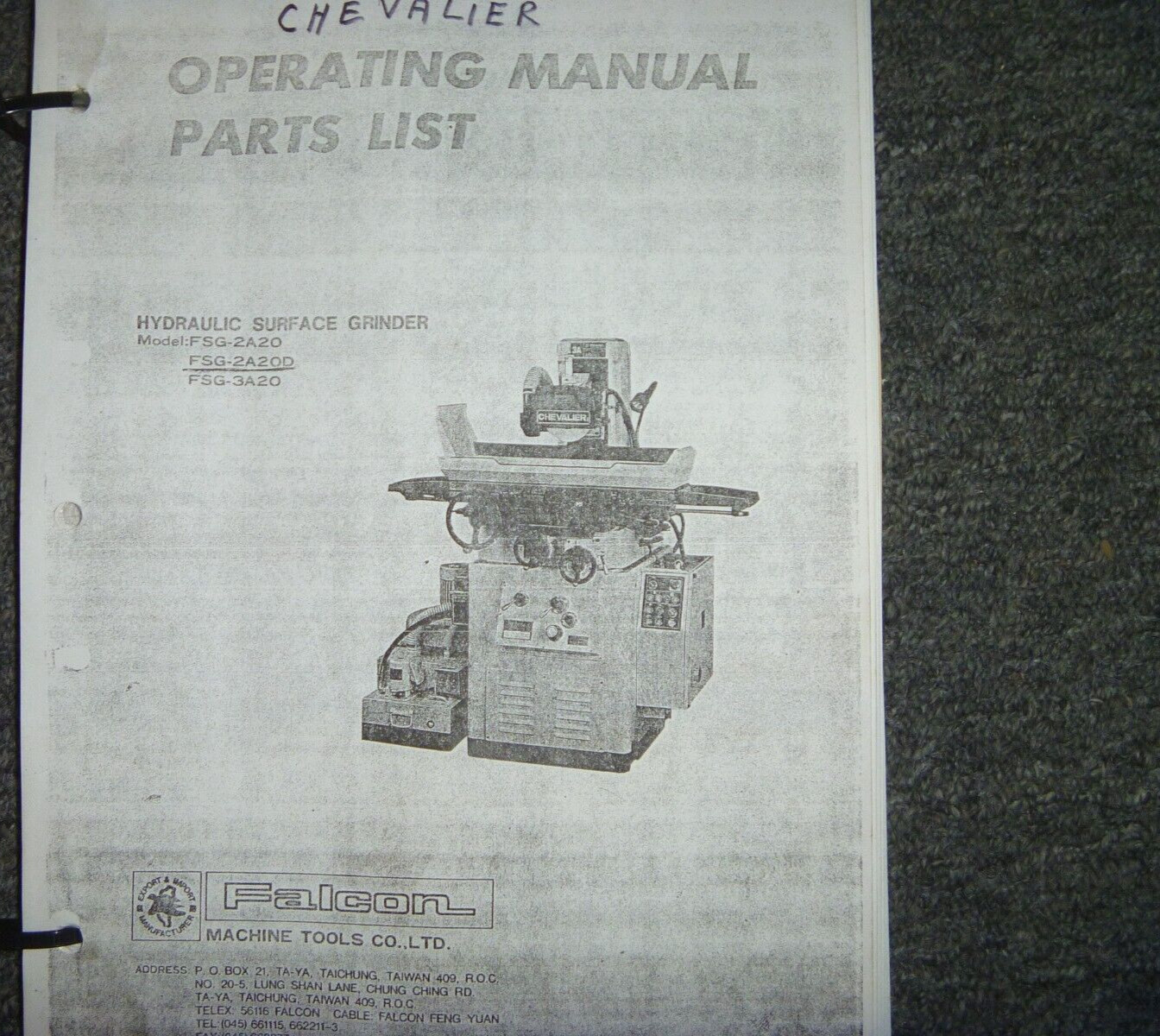 Chevalier FSG-2A20D Surface Grinder Parts Catalog & Owner Operator Manual xz