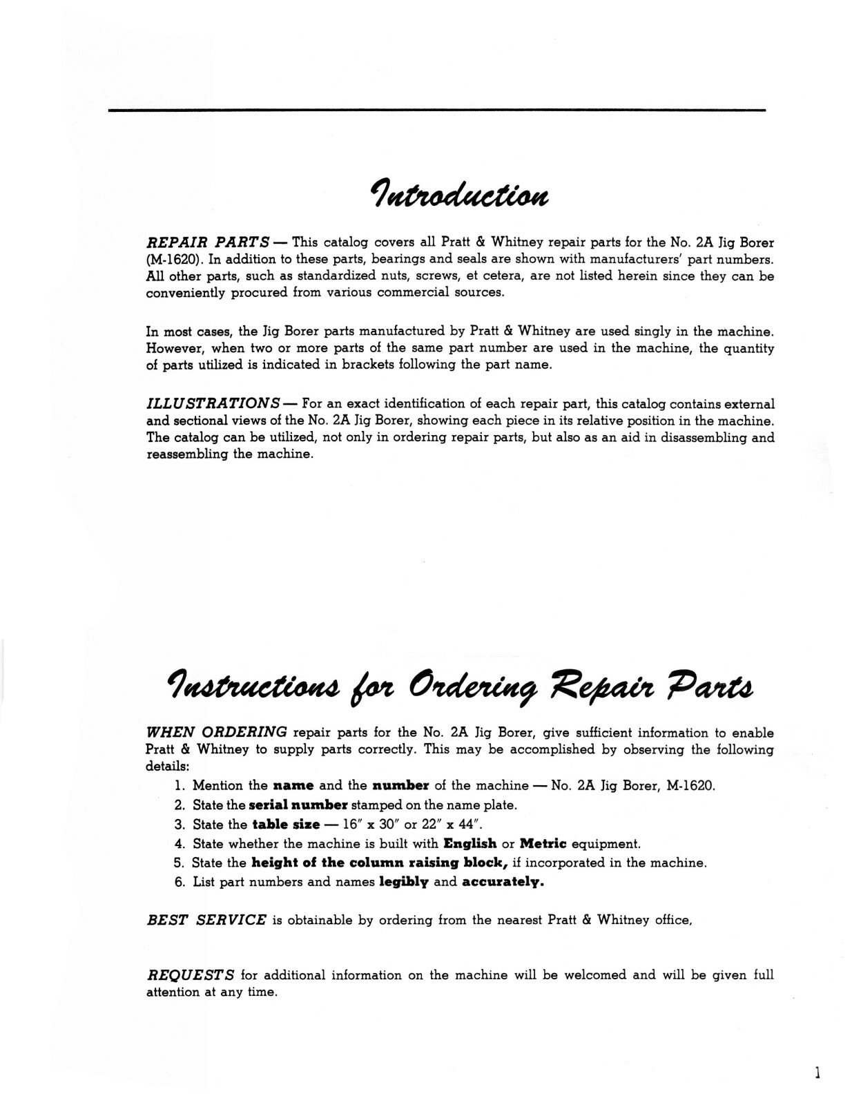Pratt & Whitney Model 2A Jig Borer Catalog of Repair Parts Manual #617