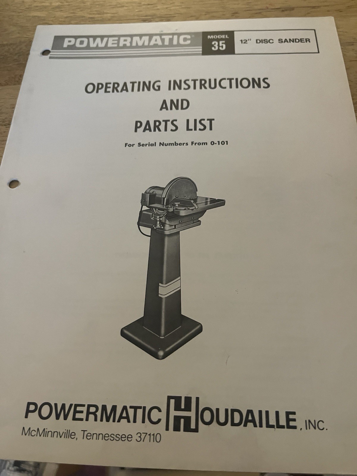 Powermatic Model 35 12″ Disc Sander Operating Instructions & Parts List
