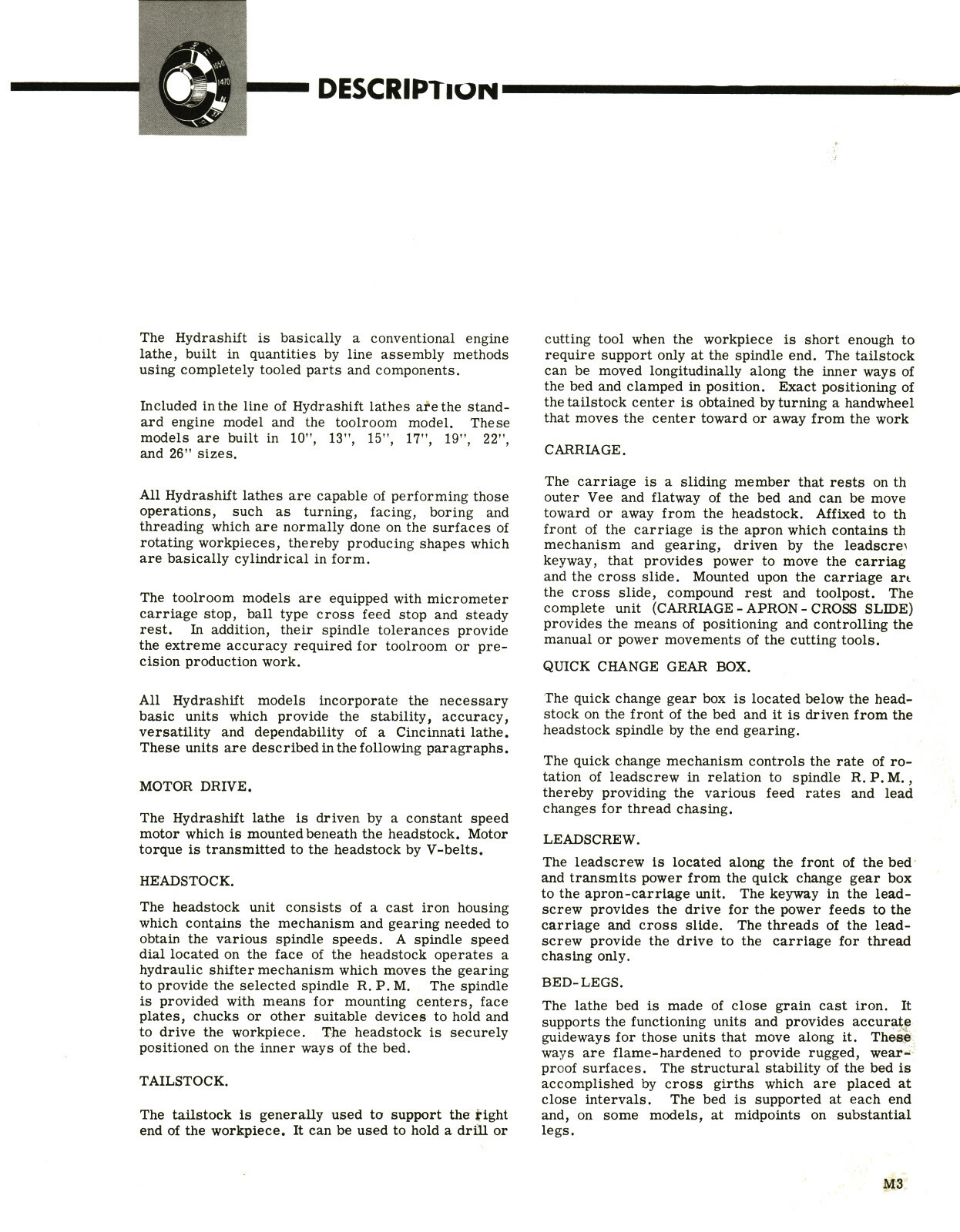 Cincinnati LR Hydrashift Lathe 10″ to 26″ Op, Service & Parts List Manual #1559