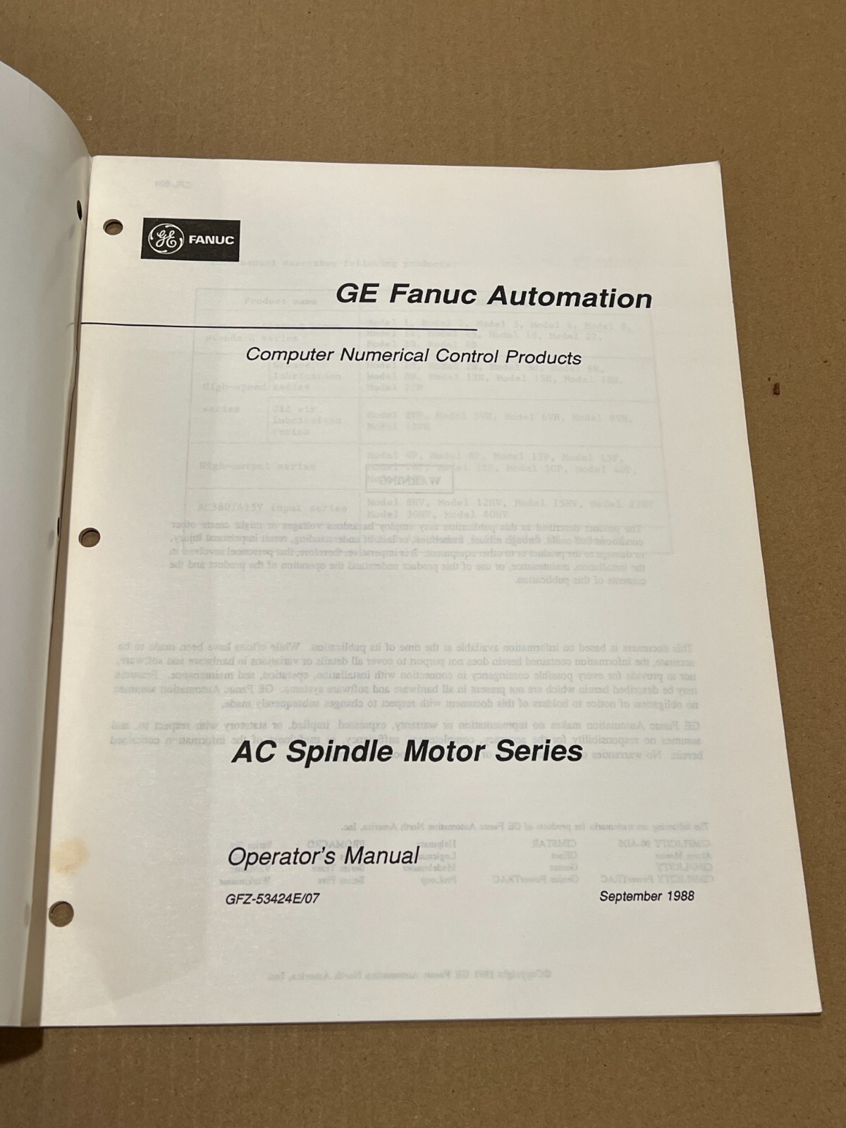 GE Fanuc Automation AC Spindle Motor Operators Manual GFZ-53424E/07