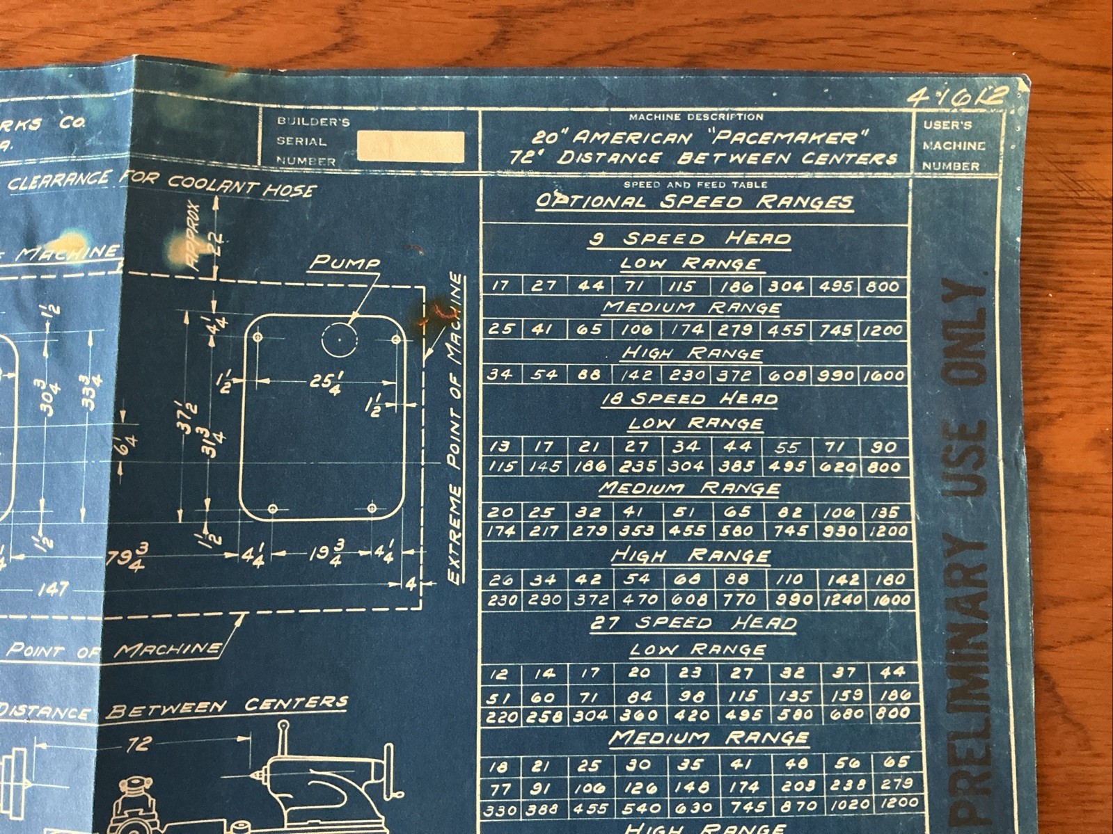1940 American Pacemaker Lathe Blueprint Data Sheet 20″ Machine Tool Works 17×11