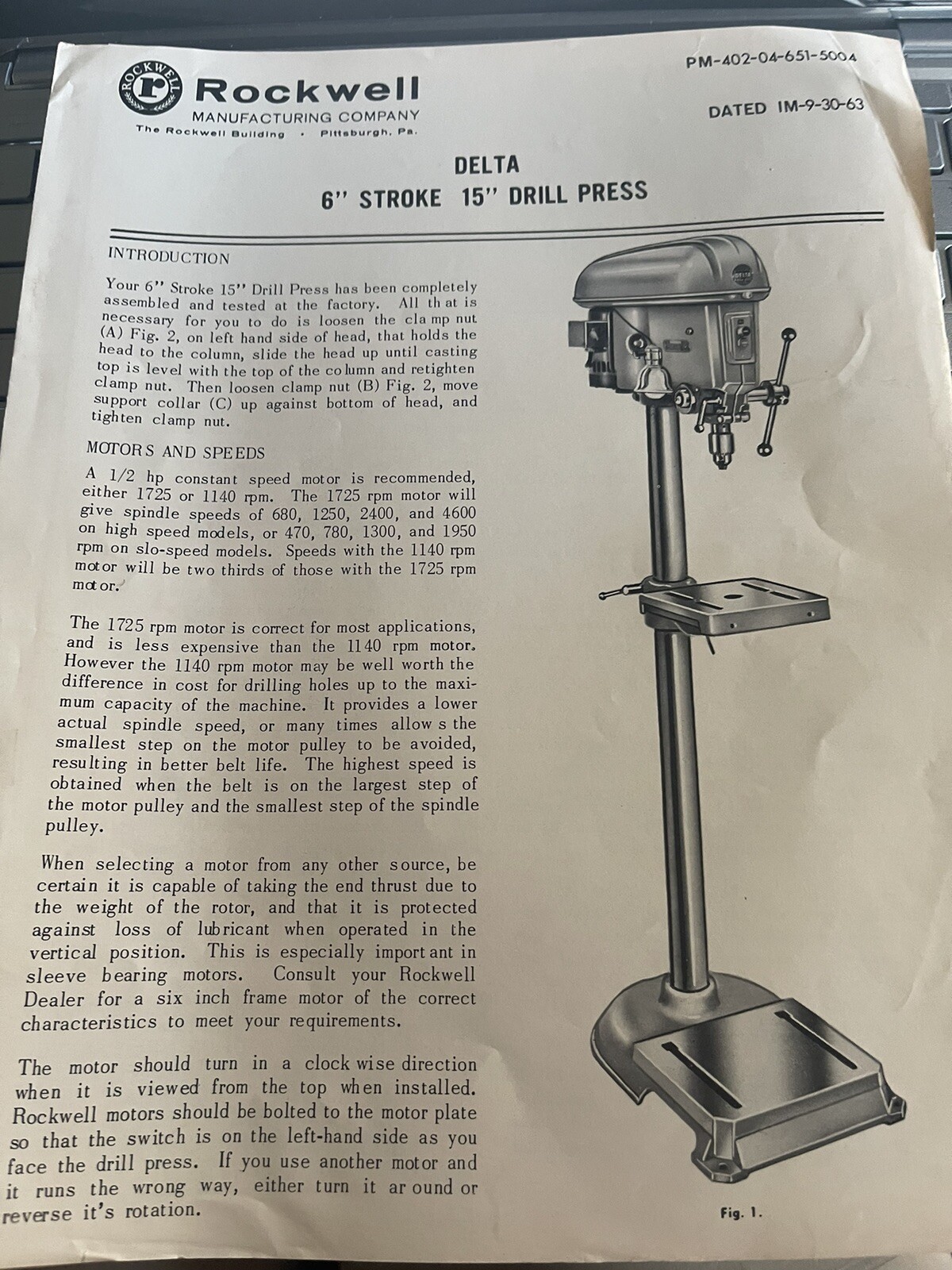 Rockwell Delta 6″Stroke 15″ Drill press instructions/parts list Brochure
