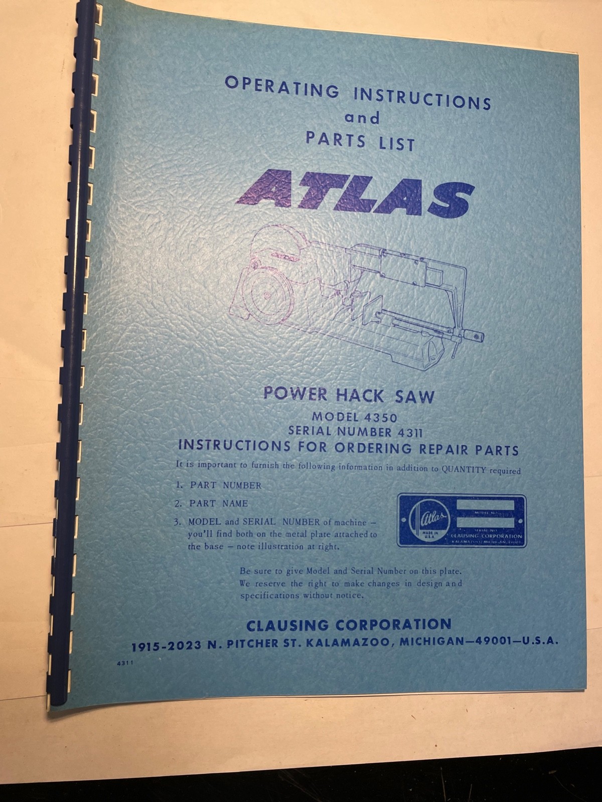 Atlas 4350 Power Hacksaw Manual Instructions & Parts list.