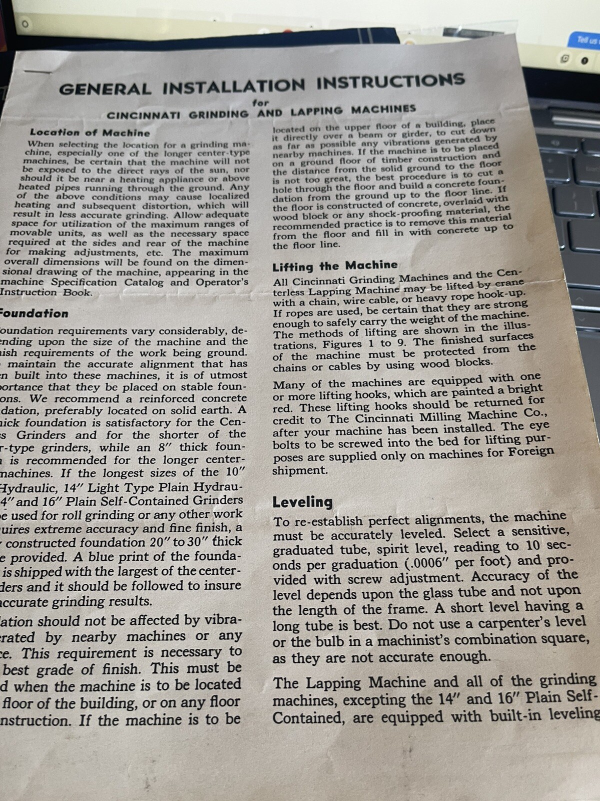 General Installation/Instructions Cincinnati Lapping and Grinding Machines