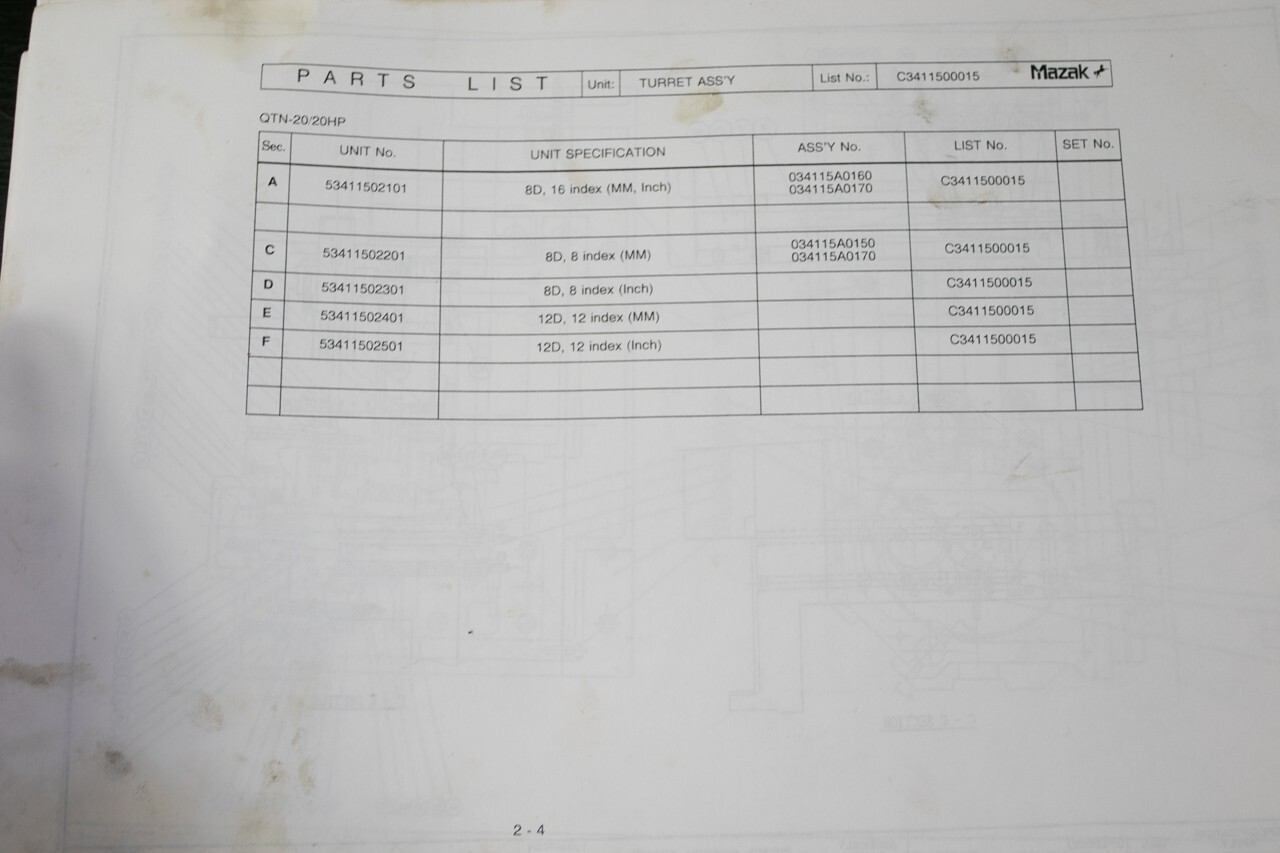 Mazak CNC Lathe Mechanical Parts List Quick Turn QTN-20 11″ x 17″ Format