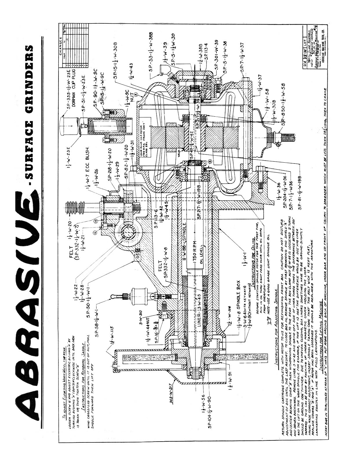 Abrasive Horizontal Surface Grinder No. 1-1/2 Pictorial Parts Manual #1814