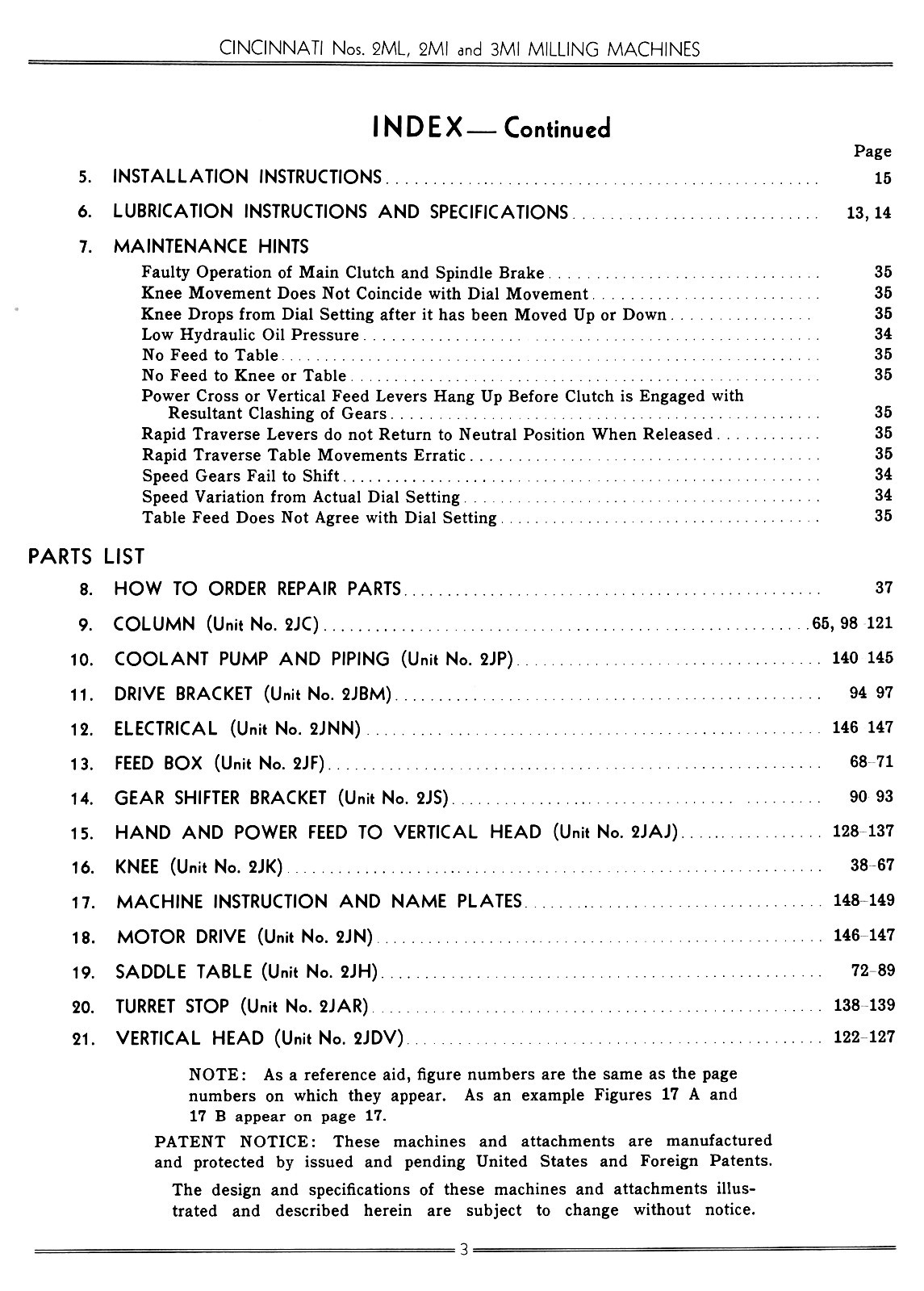Cincinnati Nos. 2ML, 2MI & 3MI Milling Machines OM Service & Parts Manual 1154