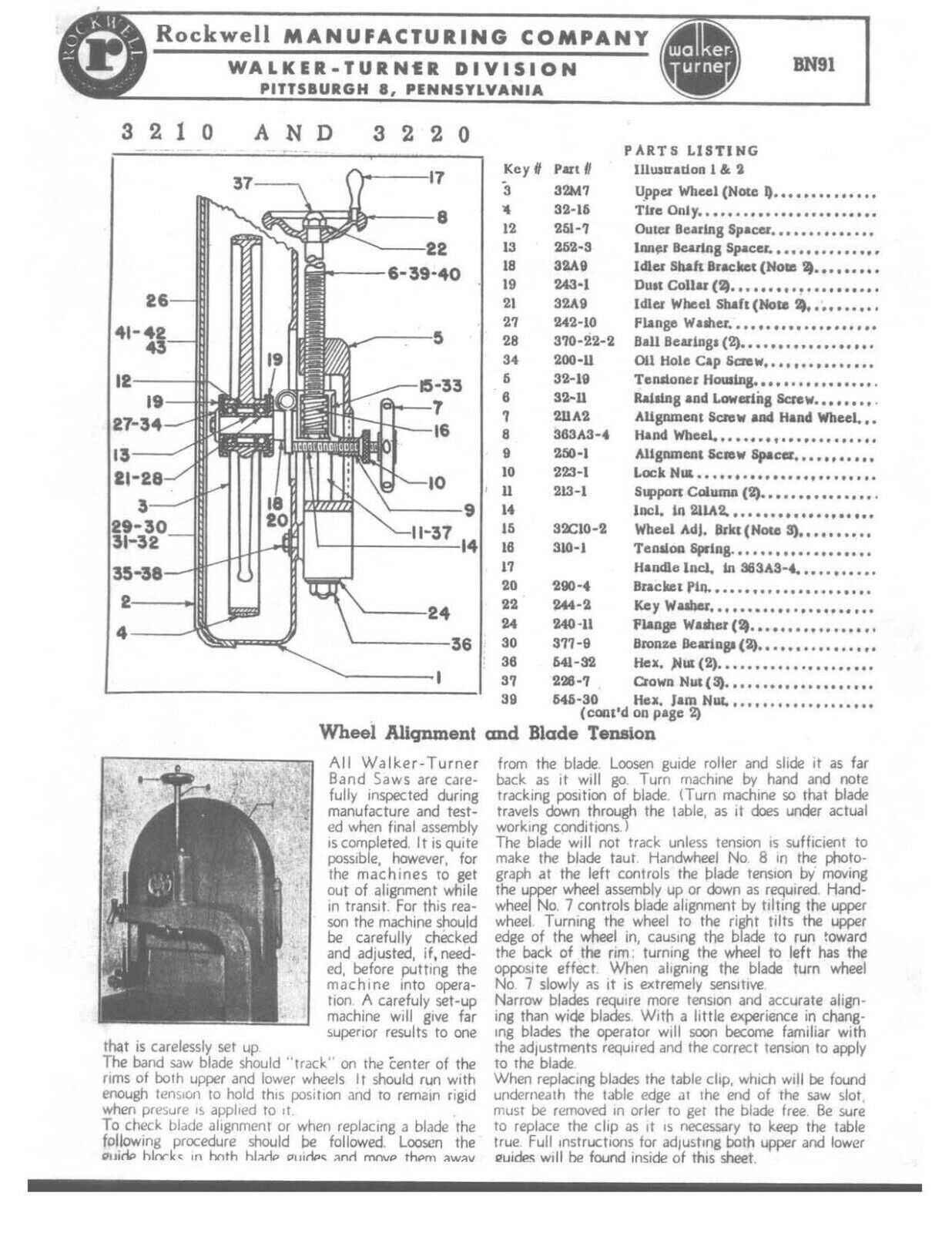 Service Parts Manual Fits WALKER TURNER Band Saw 3210 & 3220