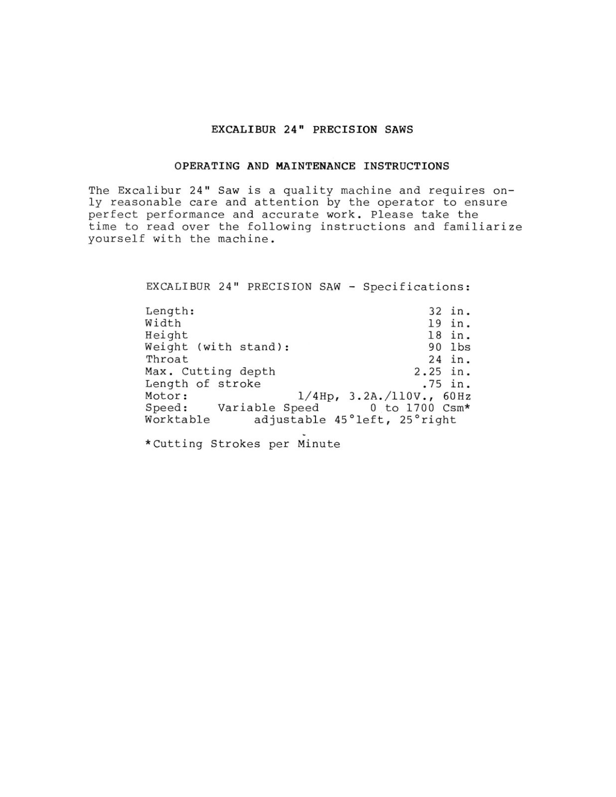 Saw Operator Instruction Maint Manual Fits Excalibur EX II Scroll 24” P16