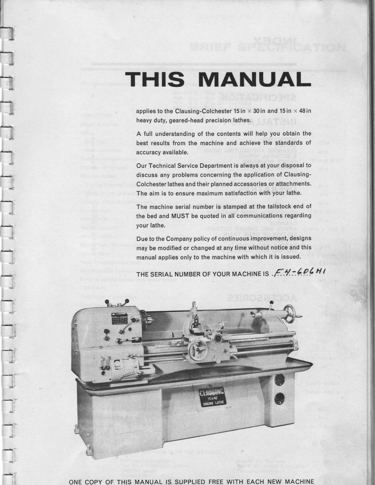 LATHE INSTRUCTION & PARTS MANUAL FITS Clausing-Colchester 15 X 30 & 15 X 48