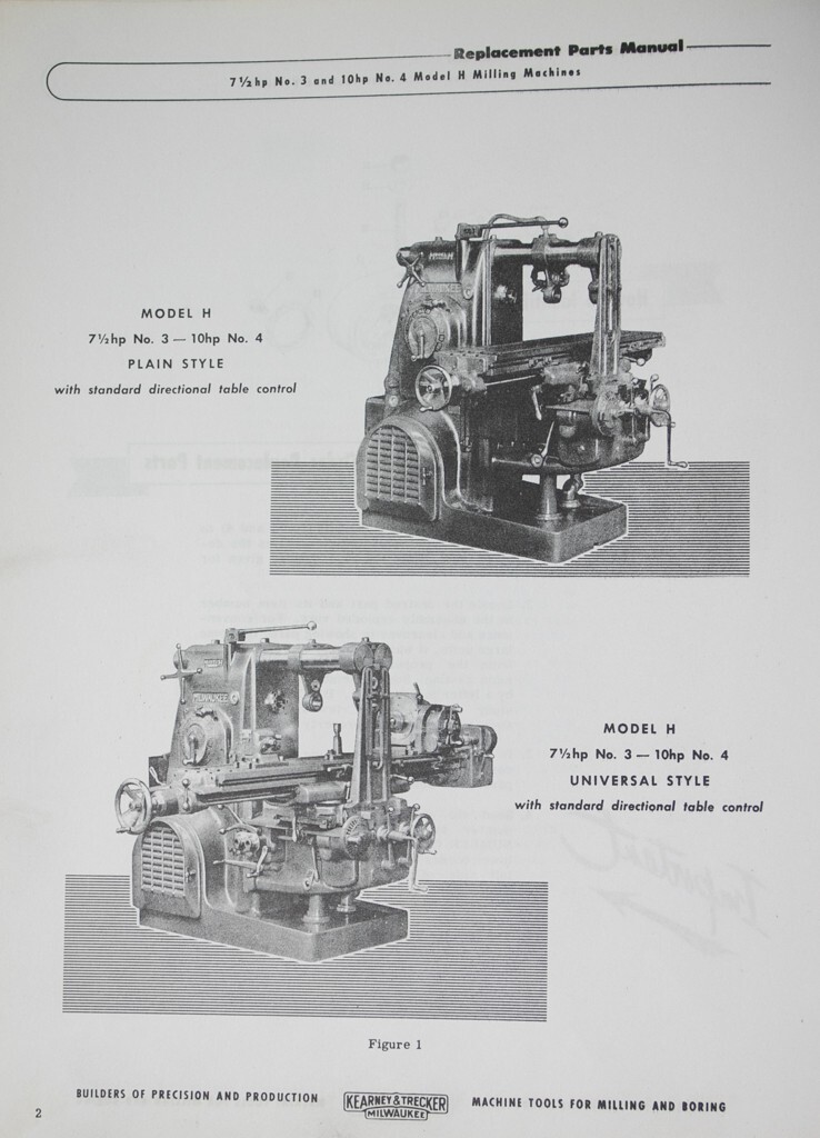 KEARNEY &TRECKER Milwaukee Model 3H 4H Milling Machines Parts Manual