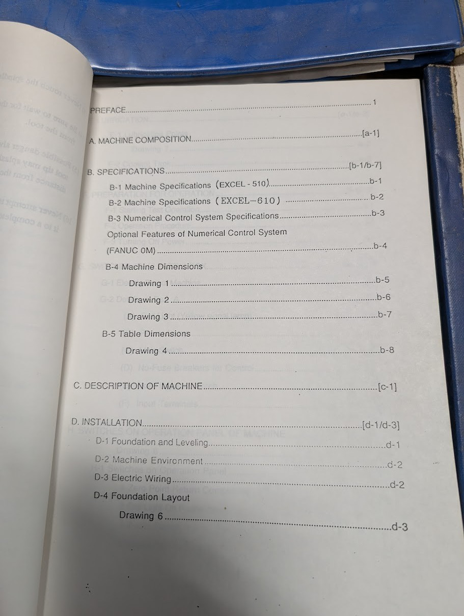 MANUALS FOR EXCEL 510 AND 610 VERTICAL MACHINING CENTERS (VMC) WITH FANUC O-MC