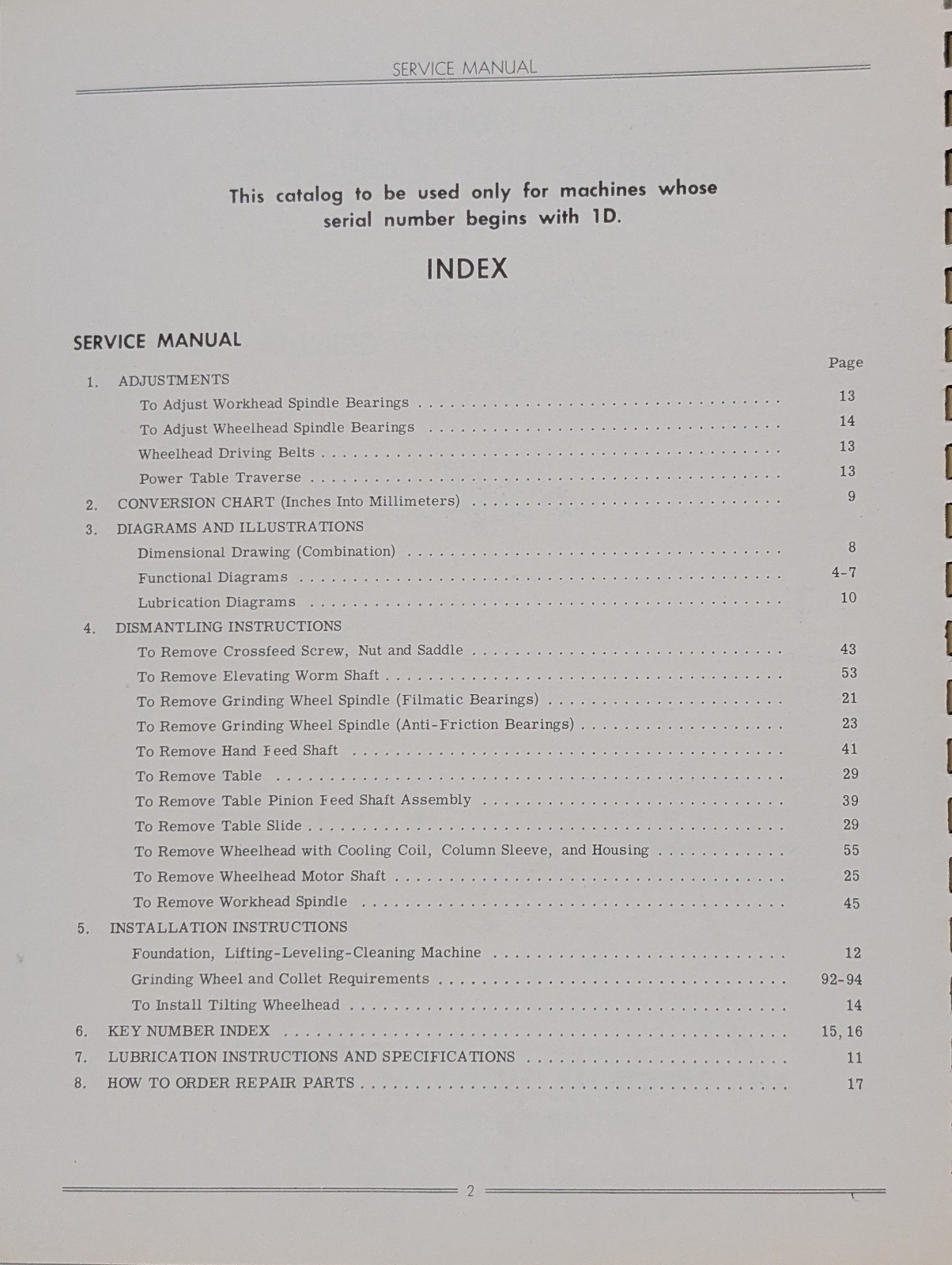 Cincinnati No. 2 LL Cutter & Tool Grinder Service Manual and Parts List Catalog