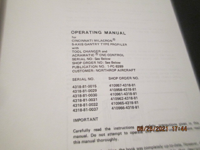 Service Schematic Manual For Cincinnati Milacron 5 Axis Gantry Profiler Machine
