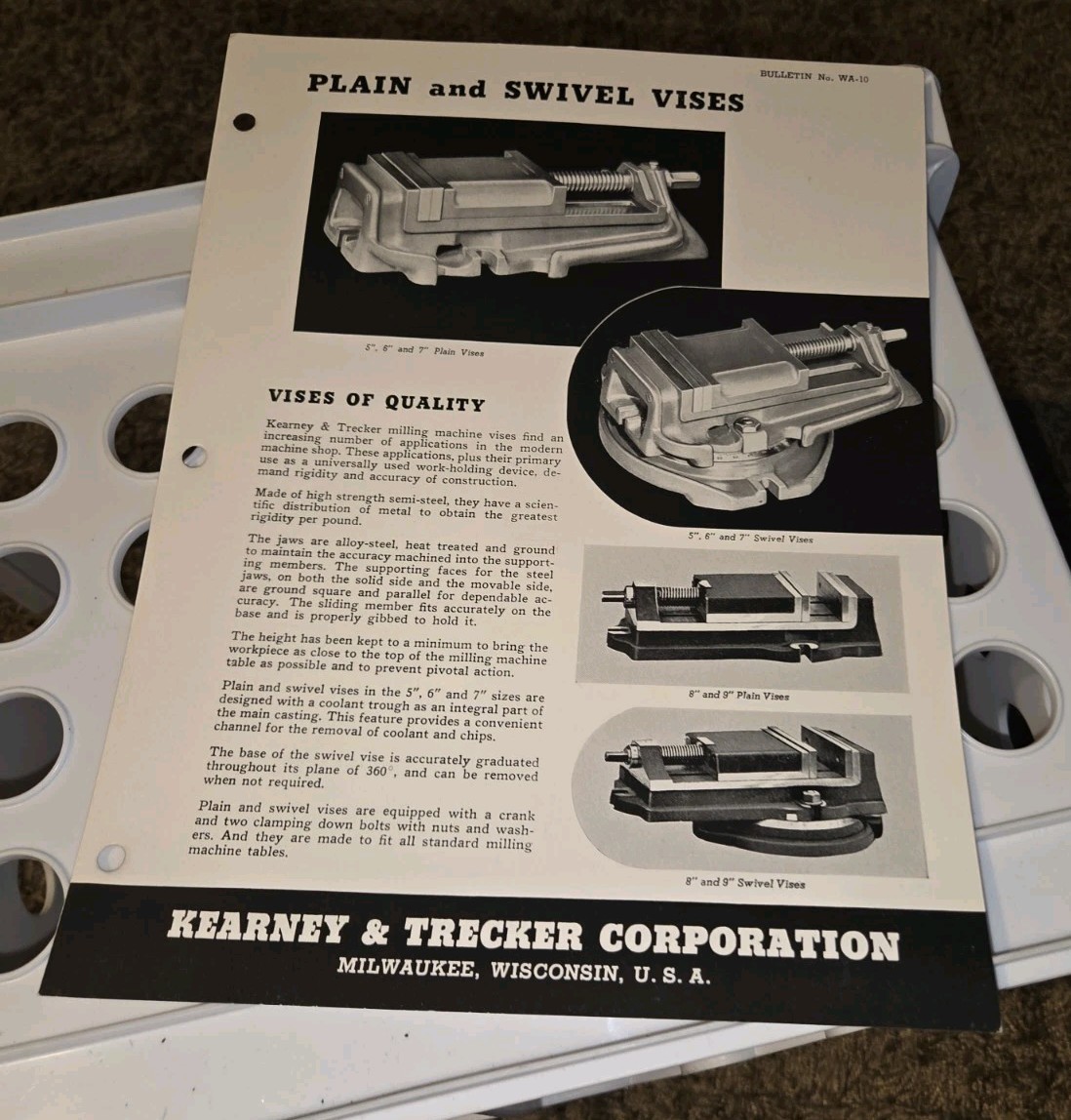 KEARNEY TRECKER MILWAUKEE Plain Swivel Vises BULLETIN Wa-10 CATALOG Sales Flyer!
