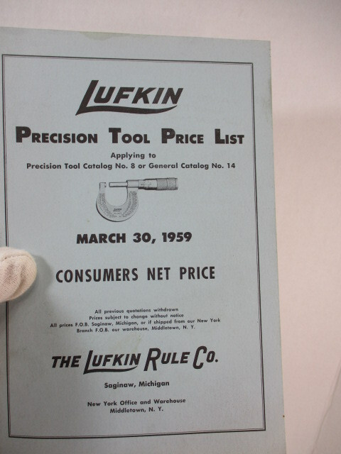 1959 LUFKIN Precision Tools Catalog # 8 & Price List, Van’s Hardware, EC