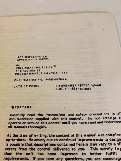 Cincinnati Milacron APC Servo System Application Notes for APC-500 Series