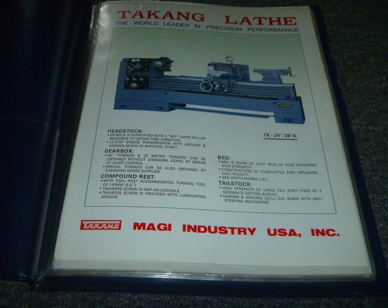 Takang Supreme TK 26″ ‘A’ Lathe Owner Operator Manual User Guide xz