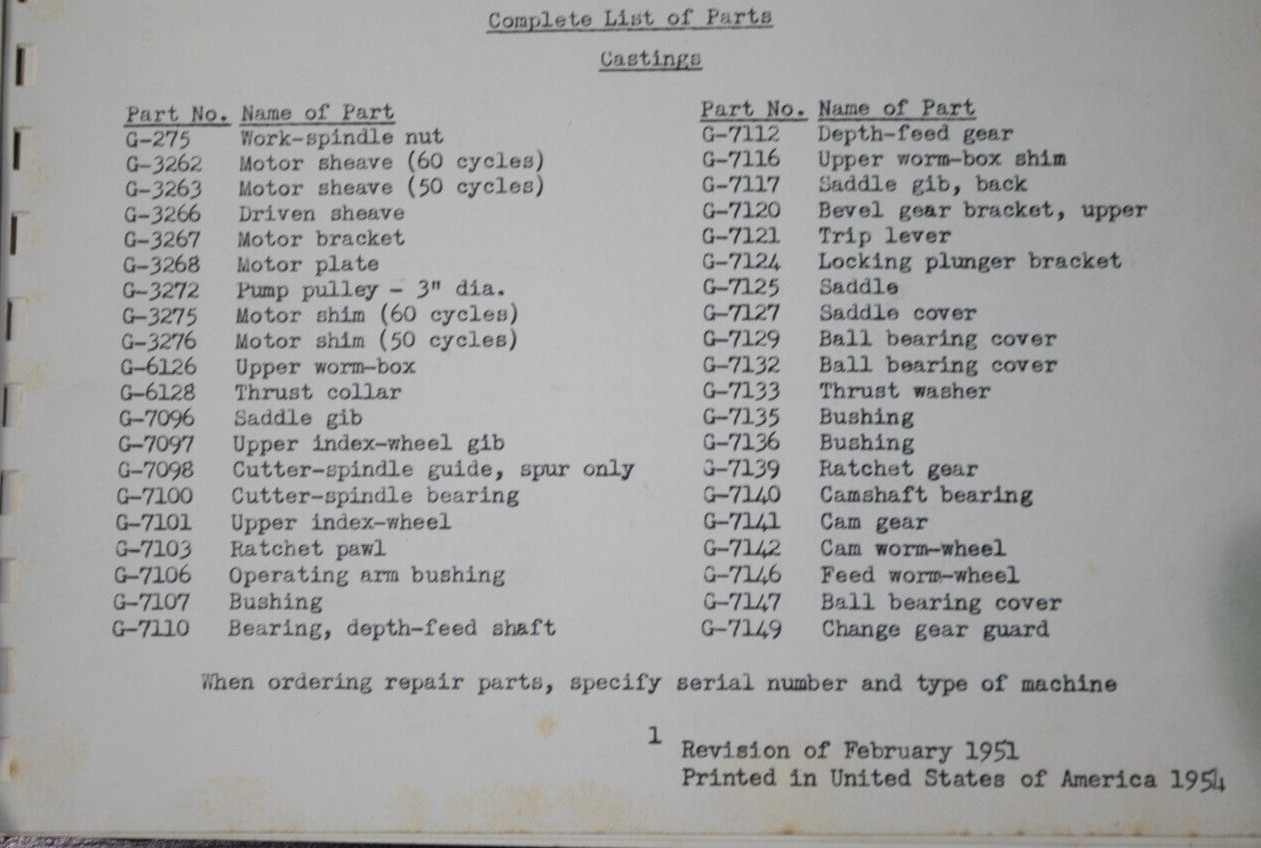 Fellows 7 and 7A Gear Shaper Parts Manual 1954