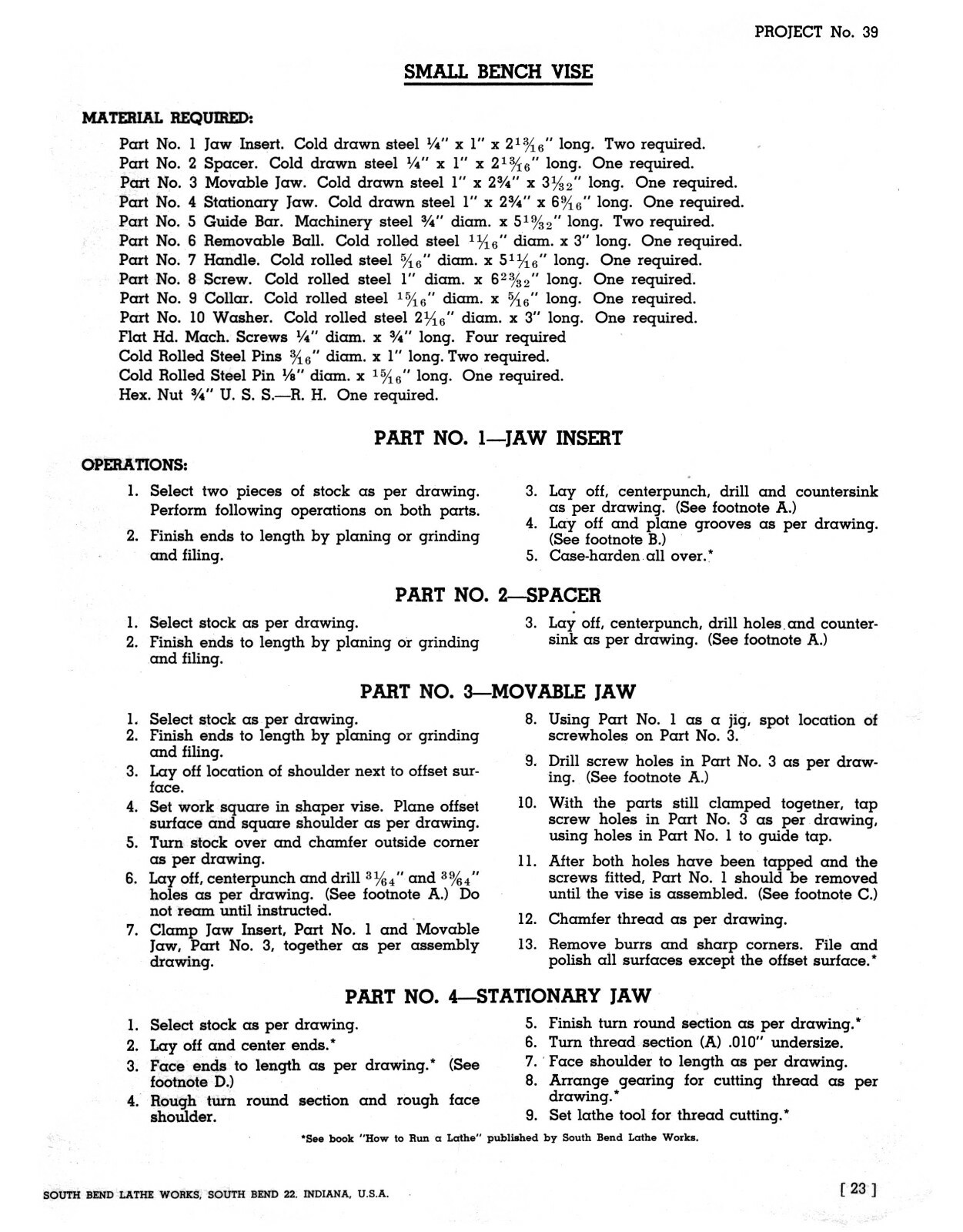South Bend Machine Shop Course Training Instruction Manual #914