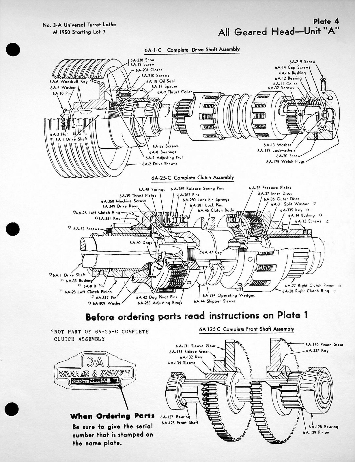 3 Turret Lathe Parts Manual Fits Warner & Swasey No. 3-A, Model M-1950 SW18