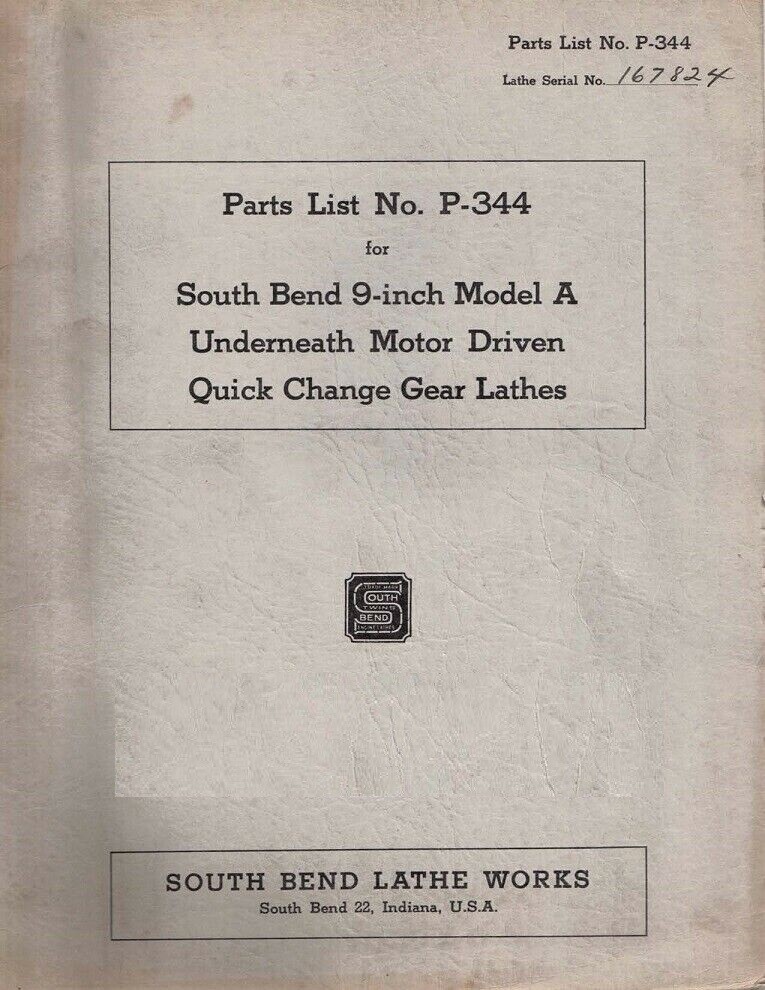 Manual 1945 South Bend Lathe No. P-344 – Parts List 9inch Model A Underneath Mot