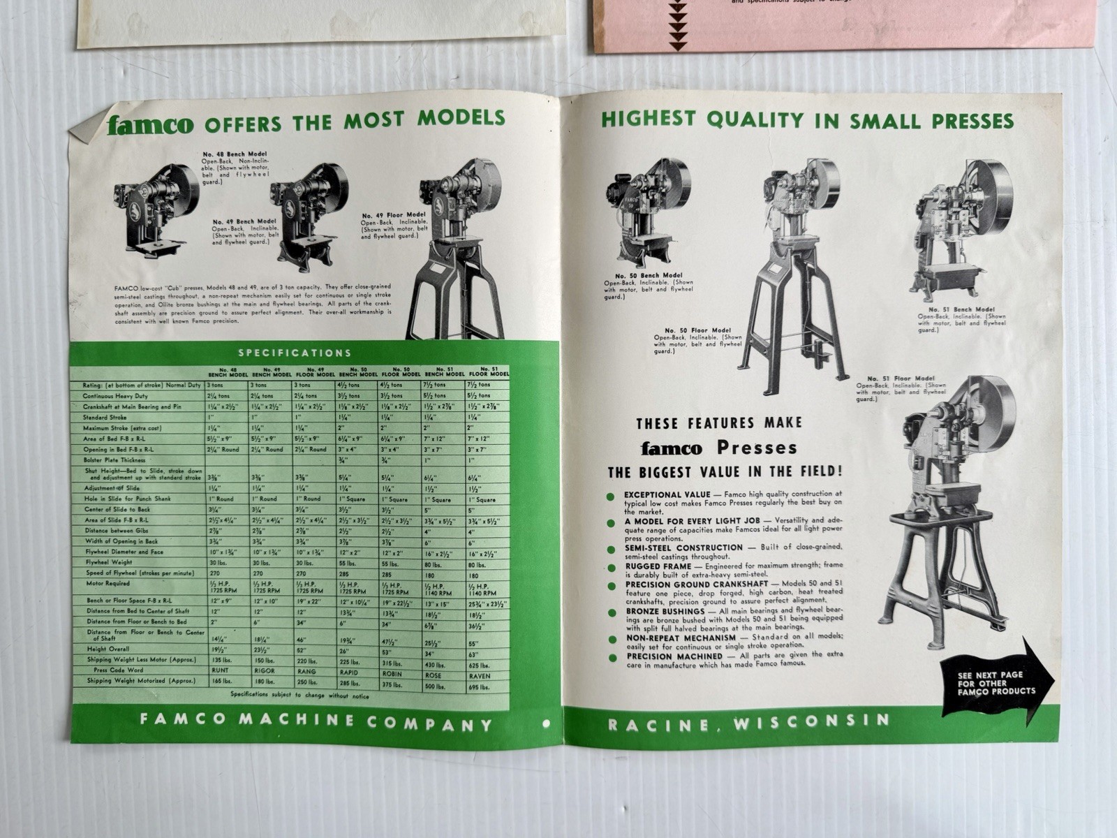 Lot Vtg 1952 Famco Machine Co. Power Press Brochure, Price List, Letterhead Etc