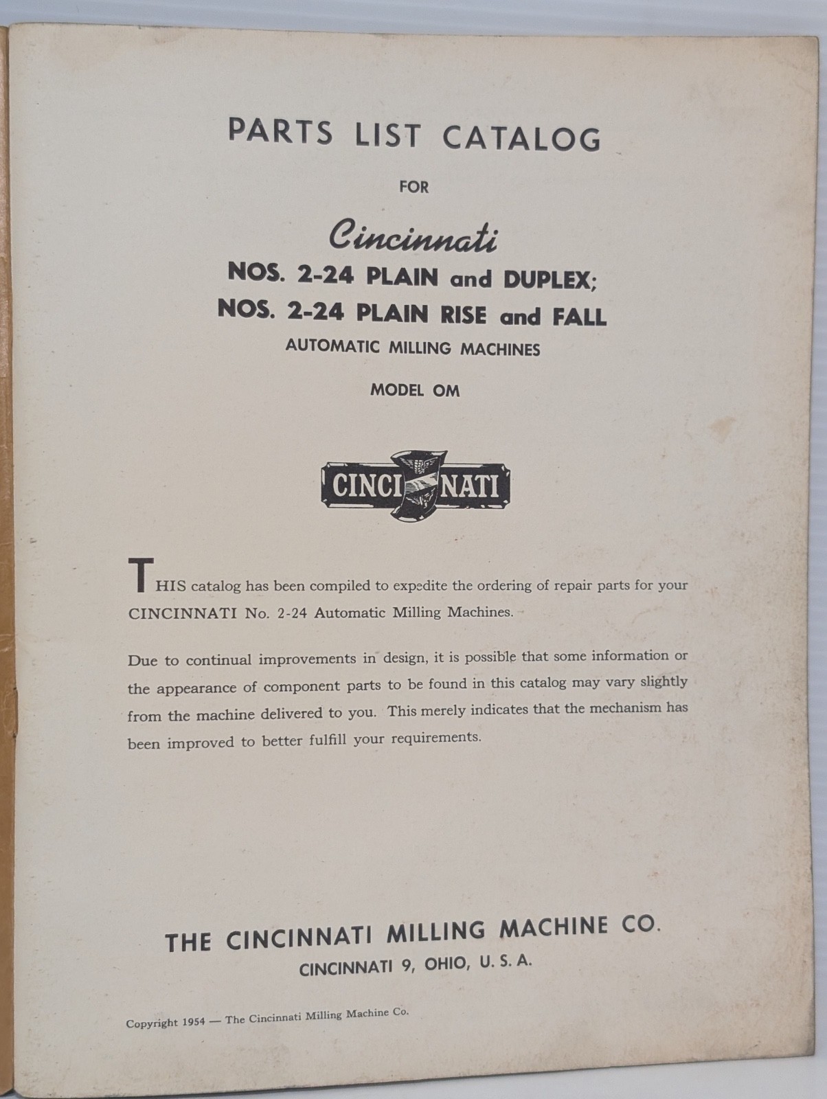 Cincinnati Milling 2-24 Plain & Duplex & 2-24 Rise & Fall Parts List Catalog