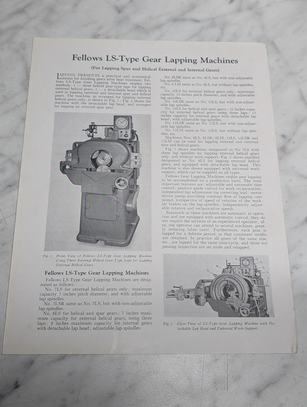 FELLOWS LS-TYPE GEAR LAPPING MACHINES SALES LITERATURE INFORMATION SPECS 1956