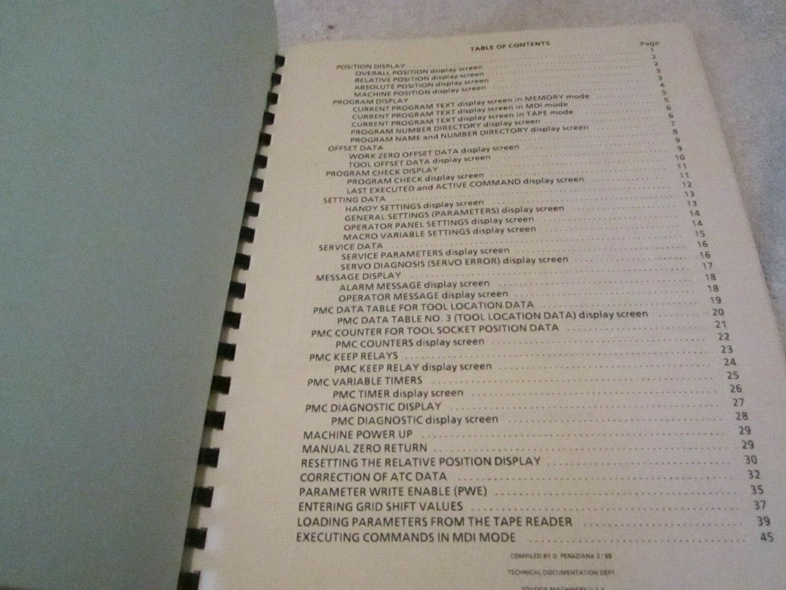 TOYODA Machining Center Data Display Screen 11 Series Start-Up Procedures Manual