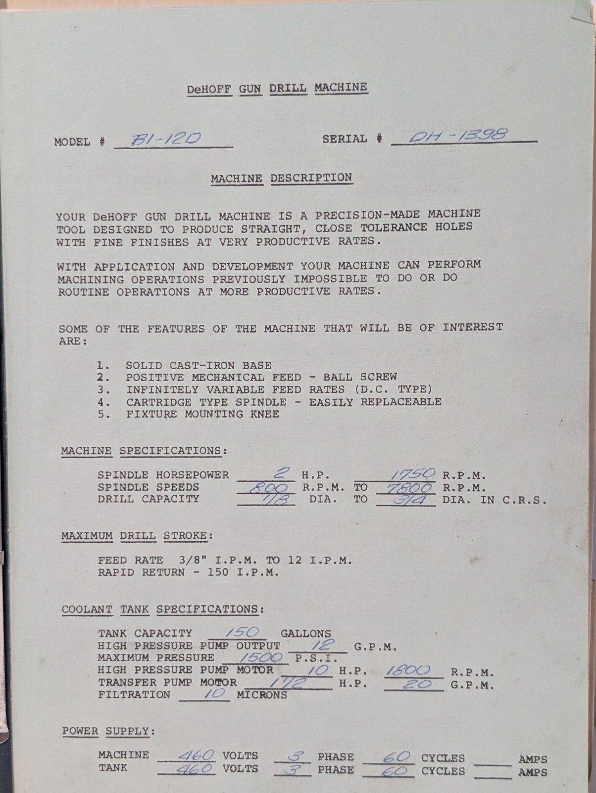 DeHoff B1-120 CNC Gun Drilling Machine Service and Repair Manual, Vin Hard Copy