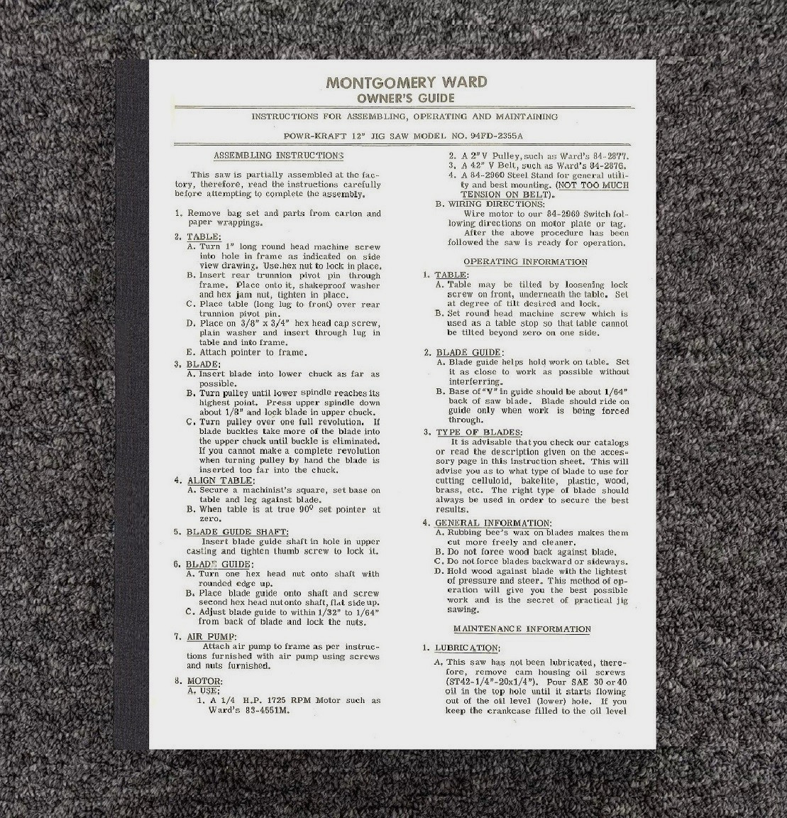 12″ Jig Saw Operator Maintenance Manual Fits Powr-Kraft Model No. 94FD-2355A