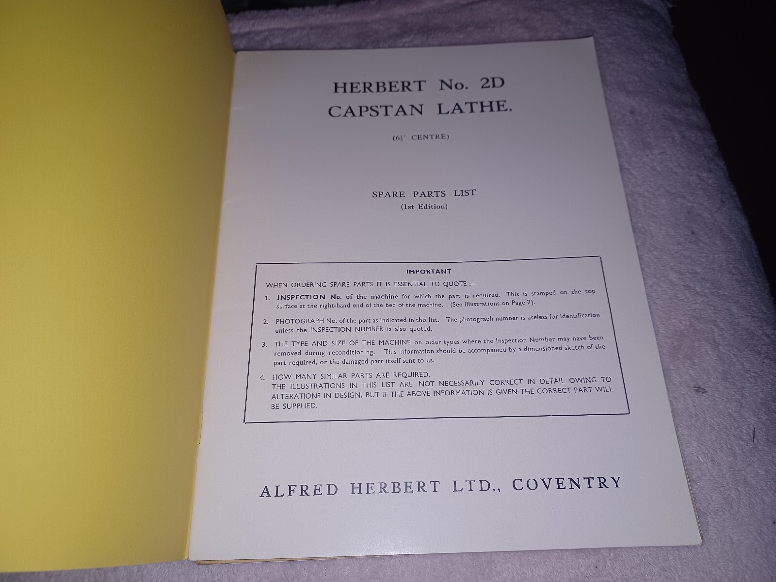 Alfred Herbert Lathe No. 2d Capstan Lathe Spare Parts List Book 1st Ed ORIGINAL
