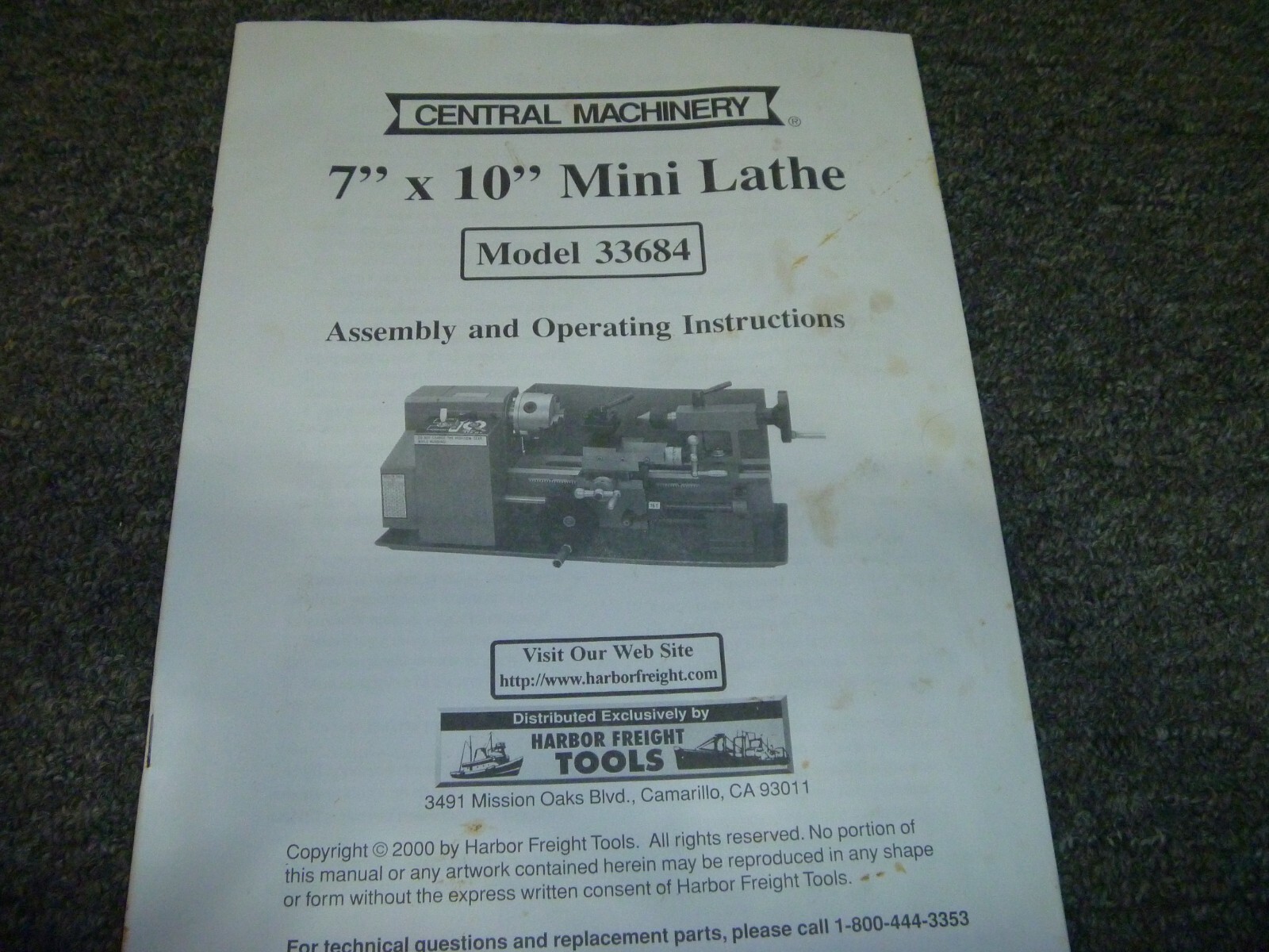 Central Machinery 33684 7″ x 10″ Mini Lathe Assembly & Owner Operator Manual