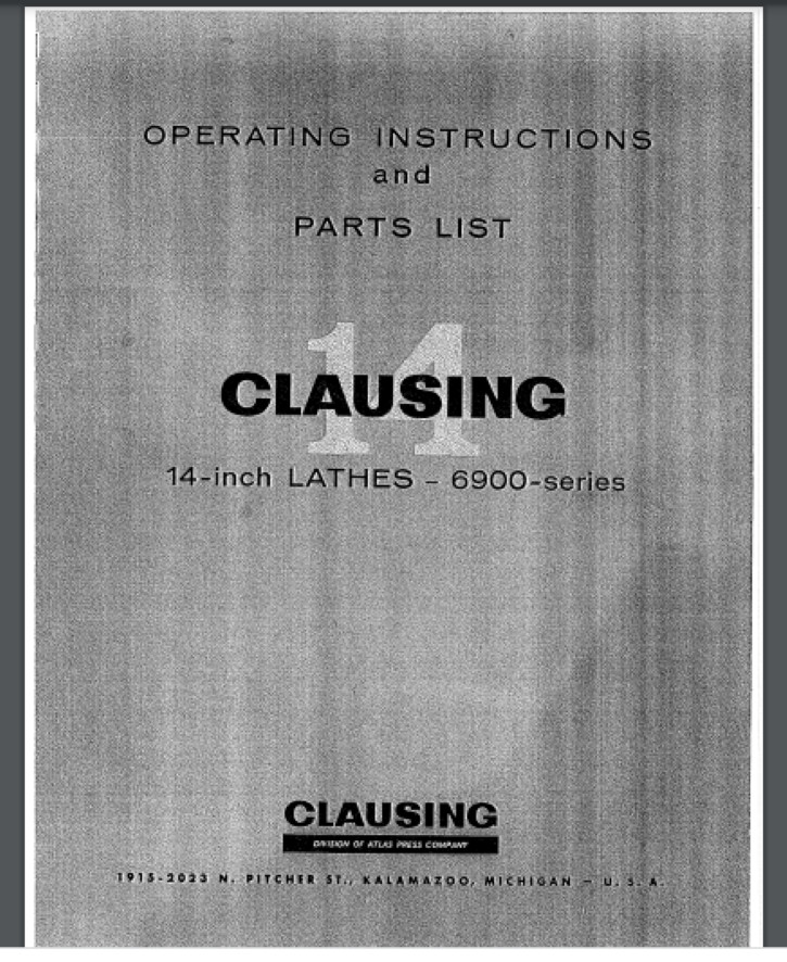 Clausing 14″ 6900 Series Lathe Operations & Parts Manual 1965 18 pages