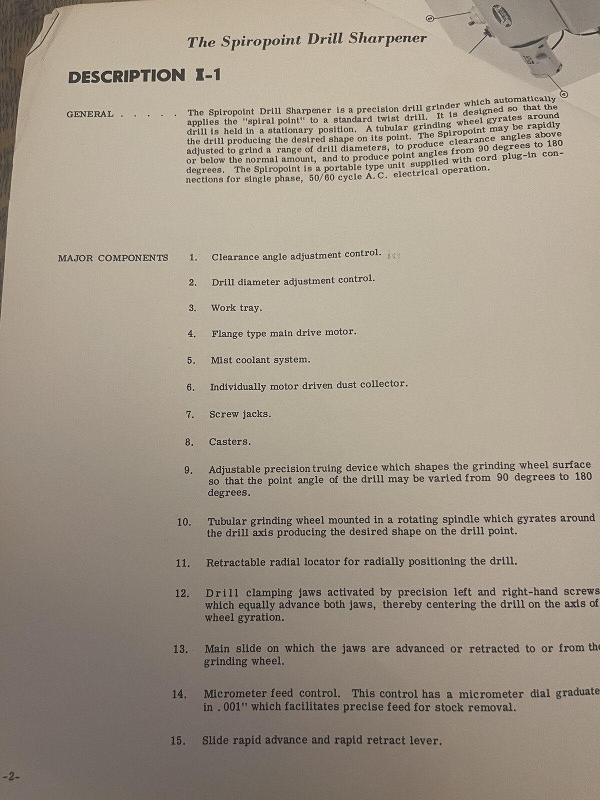 SPIROPOINT DRILL SHARPENER OPERATING INSTRUCTIONS SERVICE MANUAL Book