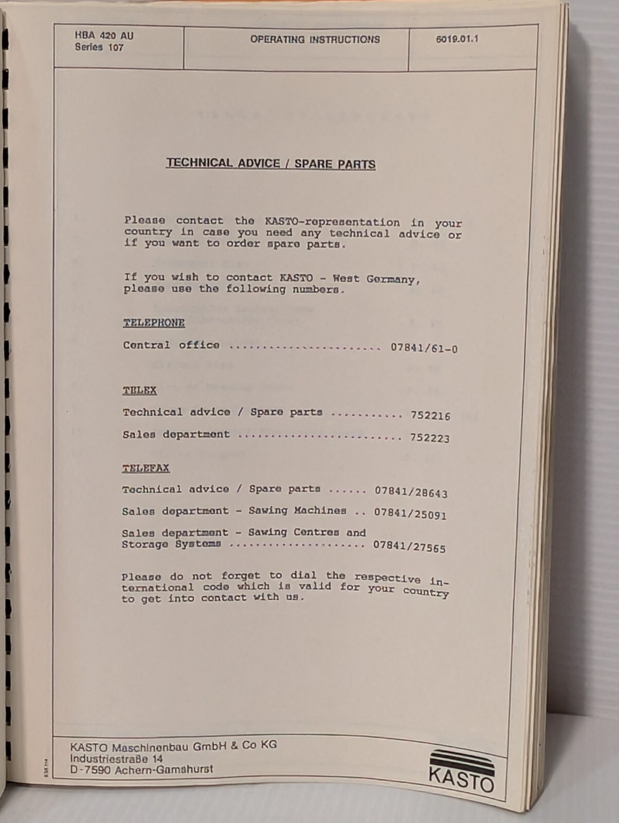 Vintage Kasto HBA-420-AU Series 107 CNC Bandsaw Operating Instructions Manual