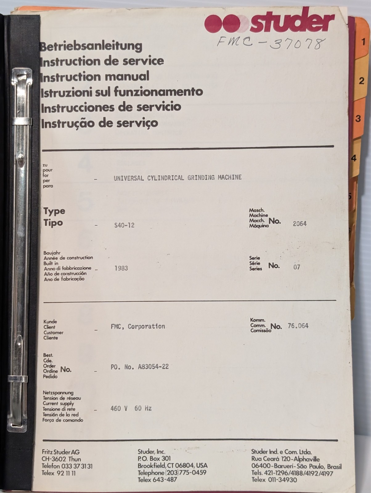 Studer S40-12 Instruction Manual Universal Cylindrical Grinder