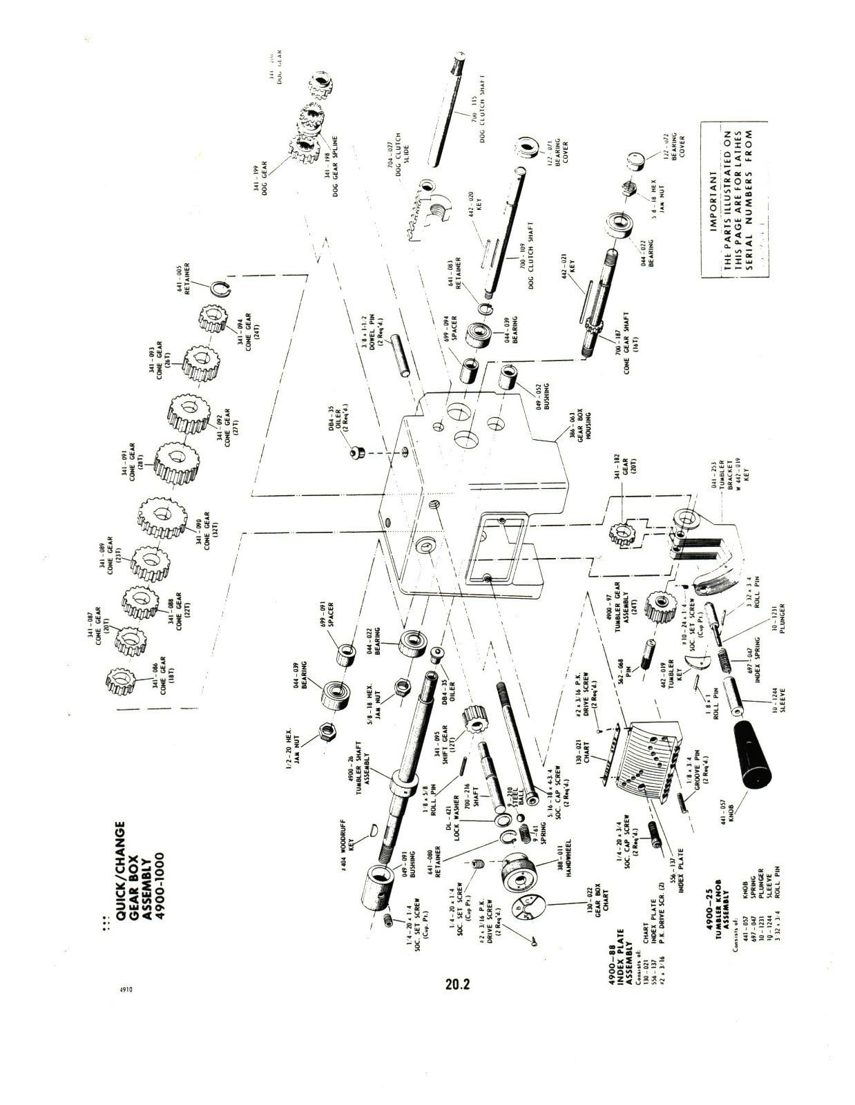 Clausing 10″ Lathe 4900 Series S/N: 403934-405509 Op and Parts List Manual #1462