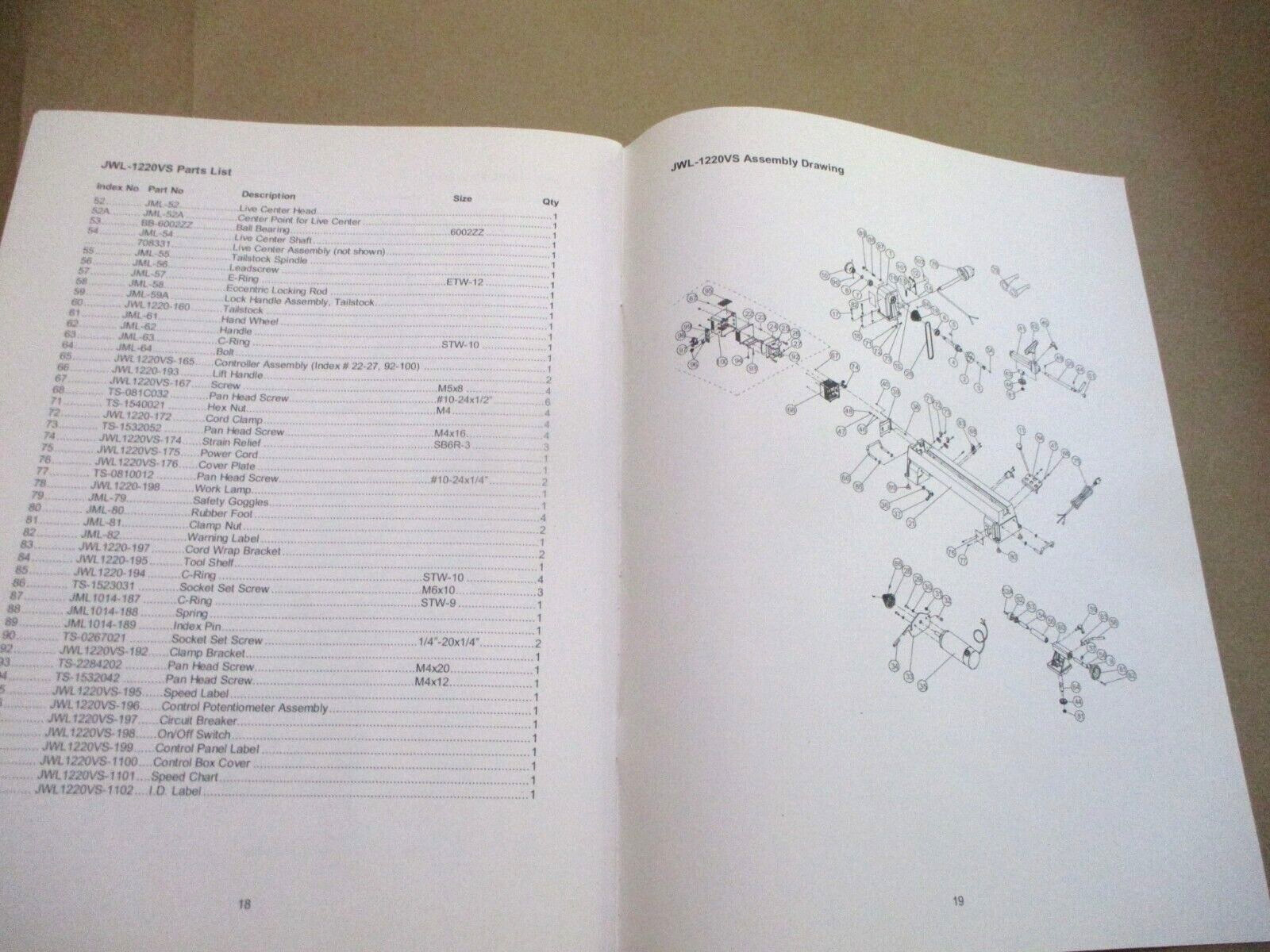 Jet VS Mini Lathe Models JML-1014I & JWL-1220 Operator & Parts List Manual