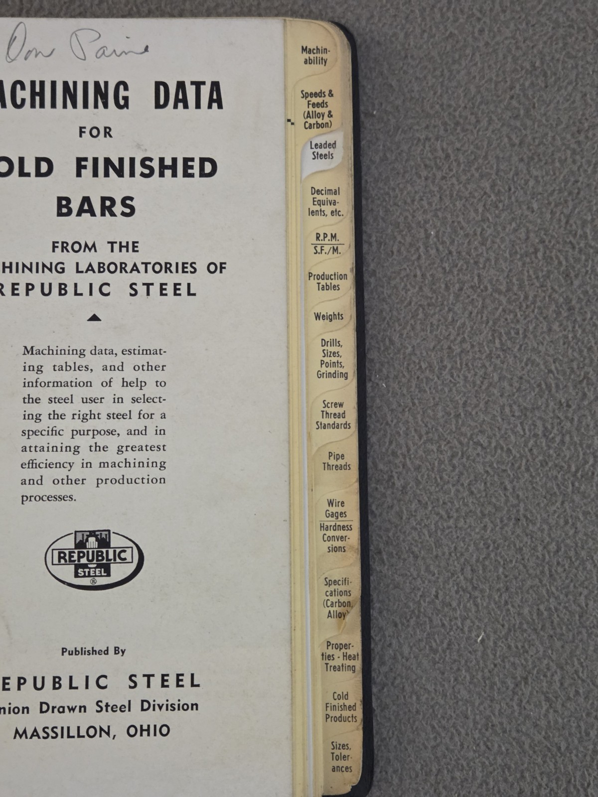 Republic Steel Machining Data For Cold Finished Bars Metals Book 1957
