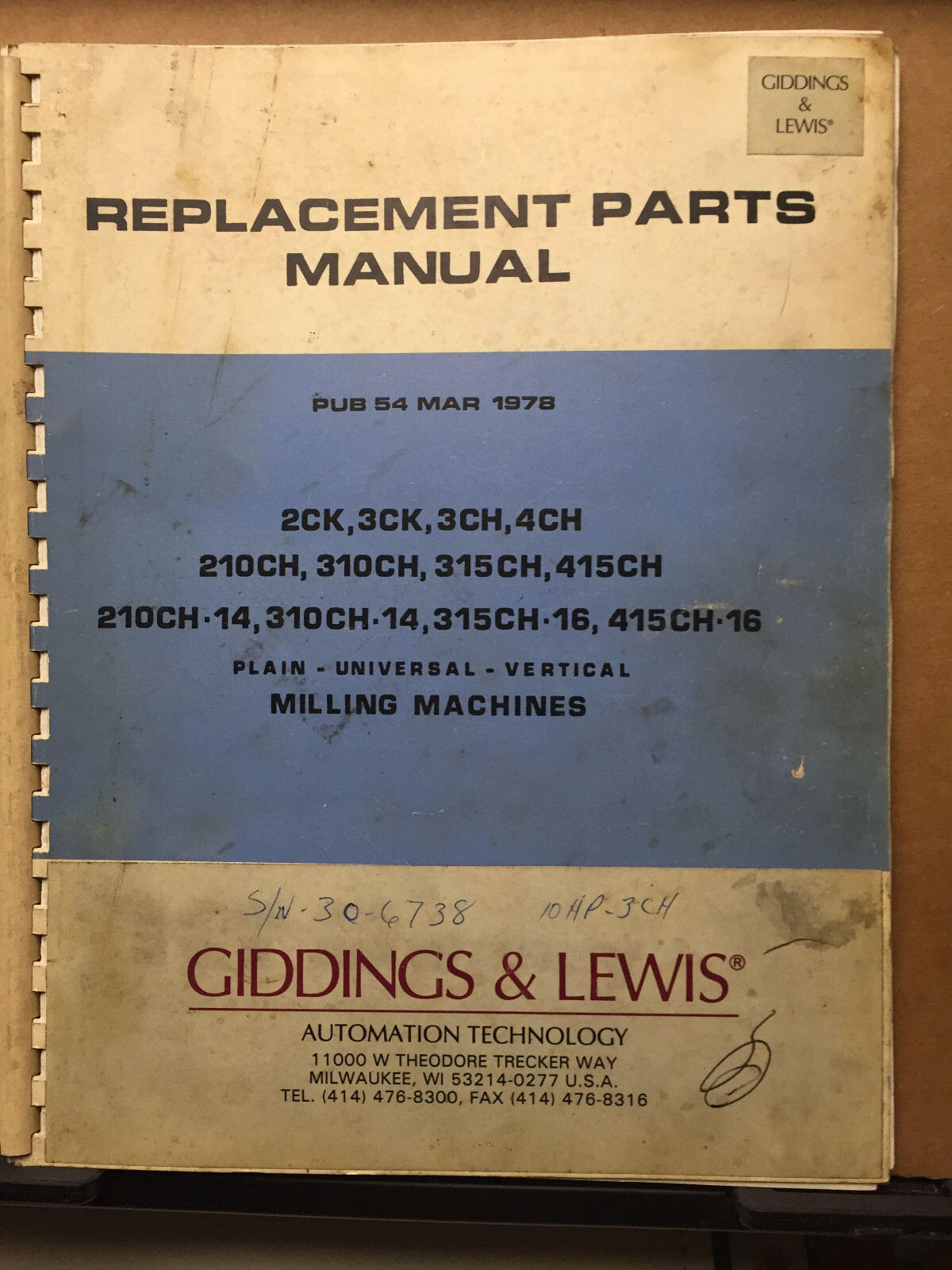 Parts Manual Catalog Giddings & Lewis Milling Machines 2 CK 3 CH 4 210 310 315