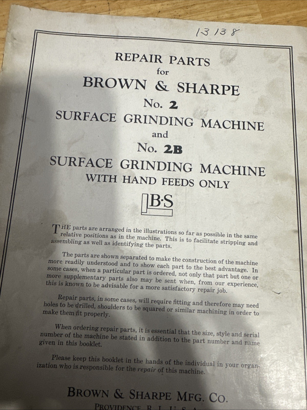 Brown&sharpe Repair Parts No.2 No.2B Surface, Grinding Machine