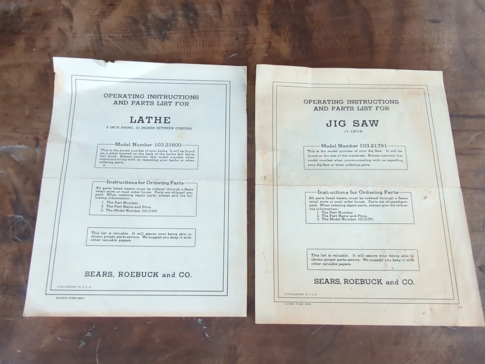 Vintage Sears Roebuck Lathe And Jigsaw Operating Instructions & Parts List