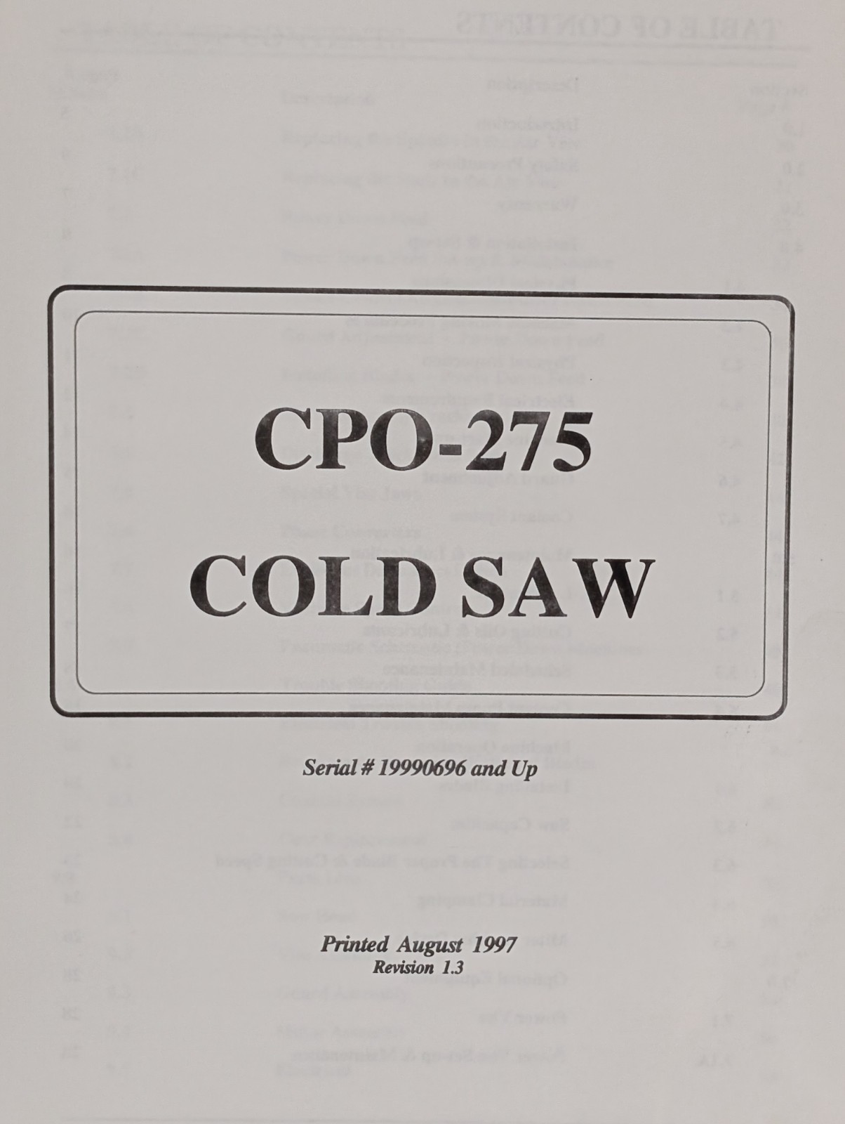Scotchman Industries Model CPO-275 Cold Saw 1997 Operator’s Manual w/ Supplement